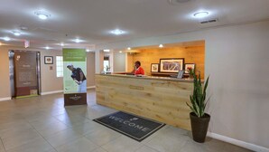 A reception area with a wooden desk, a receptionist, a welcome mat, and a potted plant.