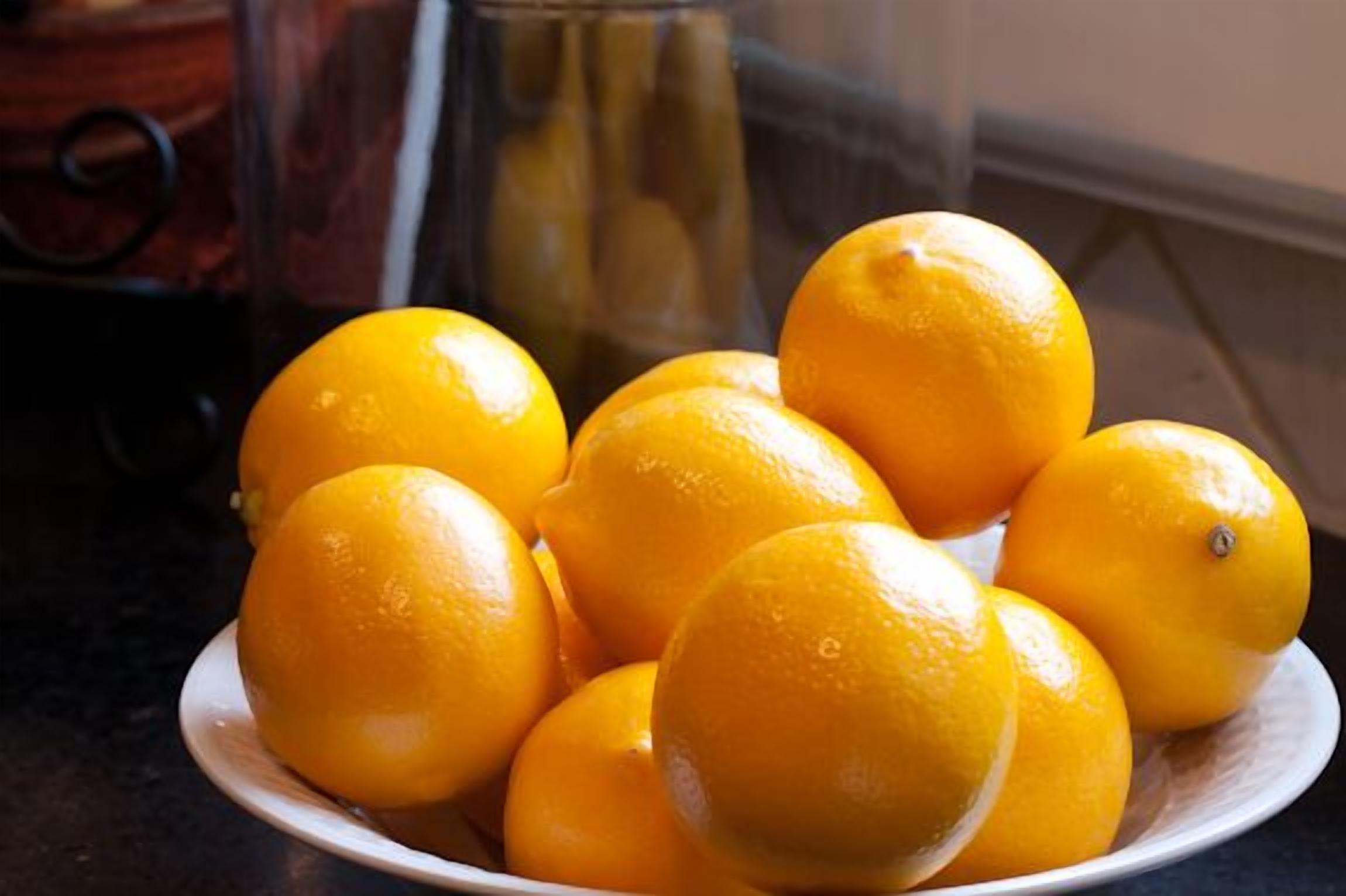 A plate of oranges on a kitchen counter.