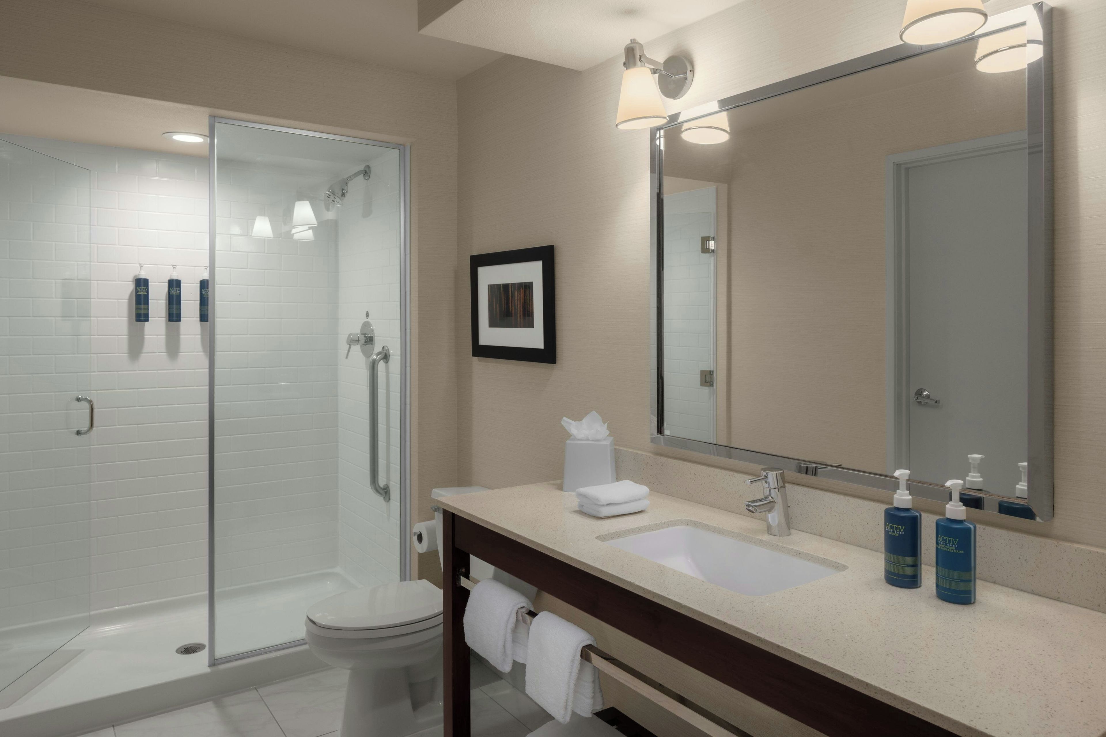 A modern bathroom with a glass shower enclosure, a white toilet, a sink with a mirror, and toiletries.