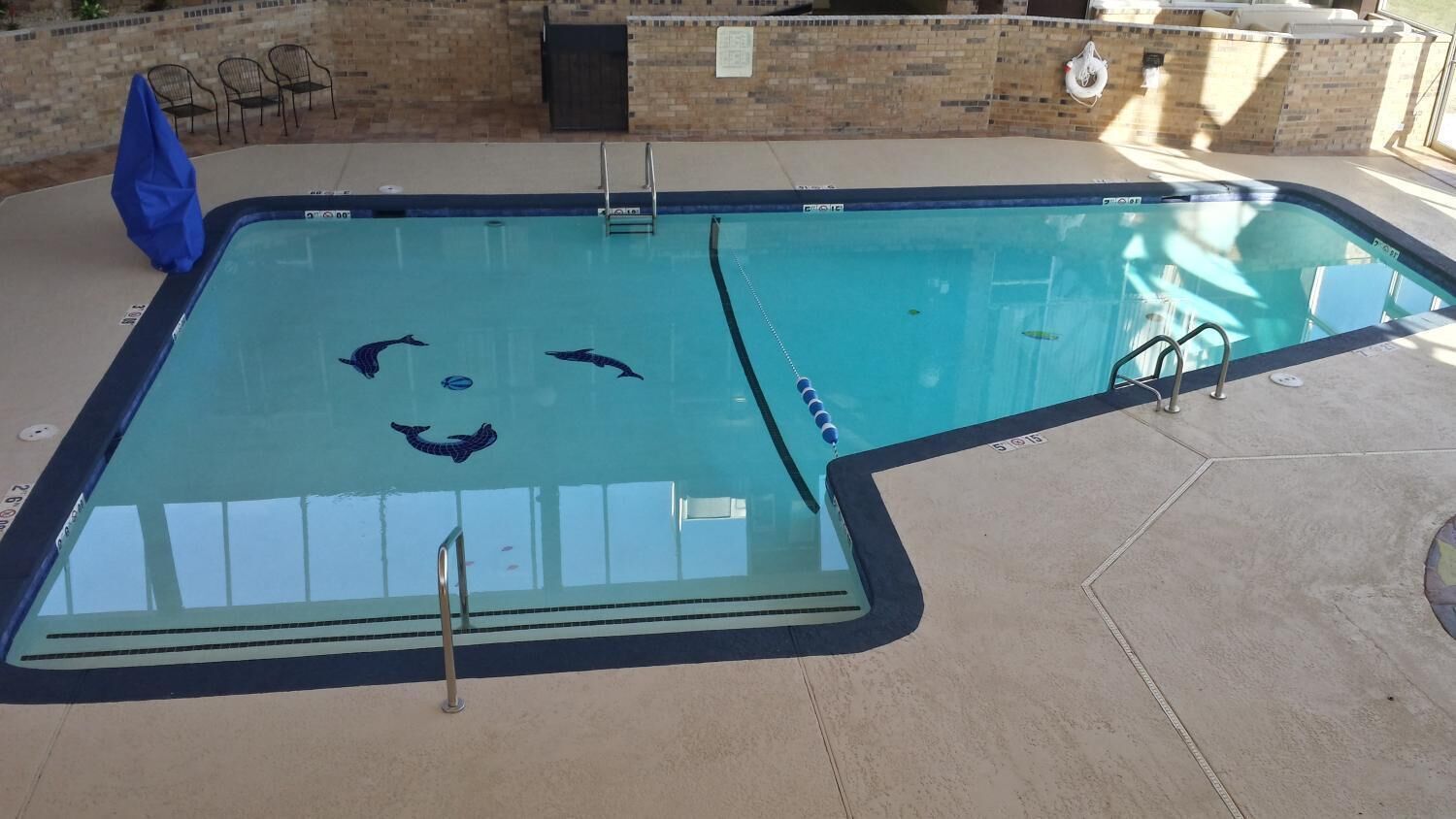 A swimming pool with dolphin designs on the water's surface.