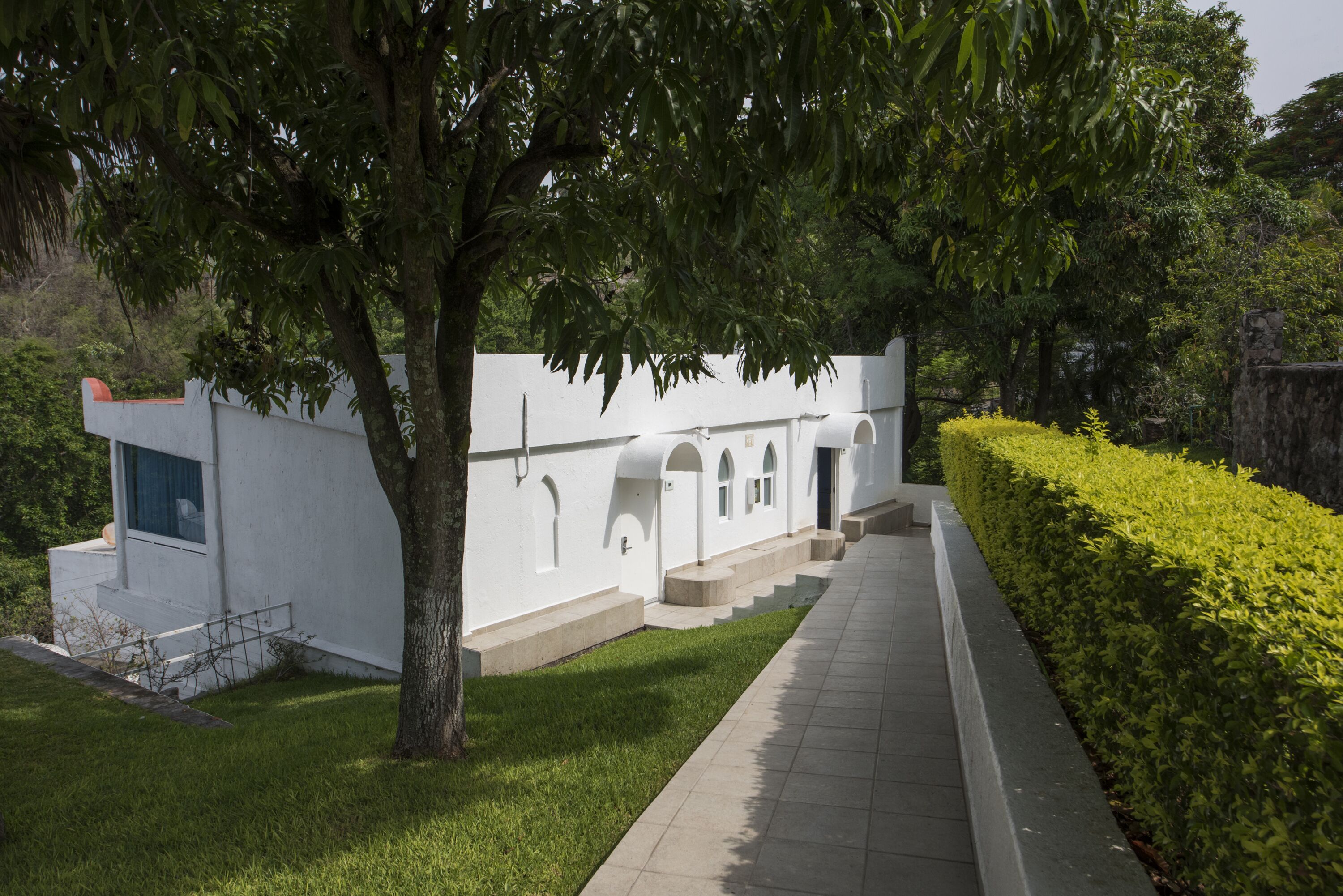 A modern building with a white exterior, a paved pathway, and a well-maintained hedge.