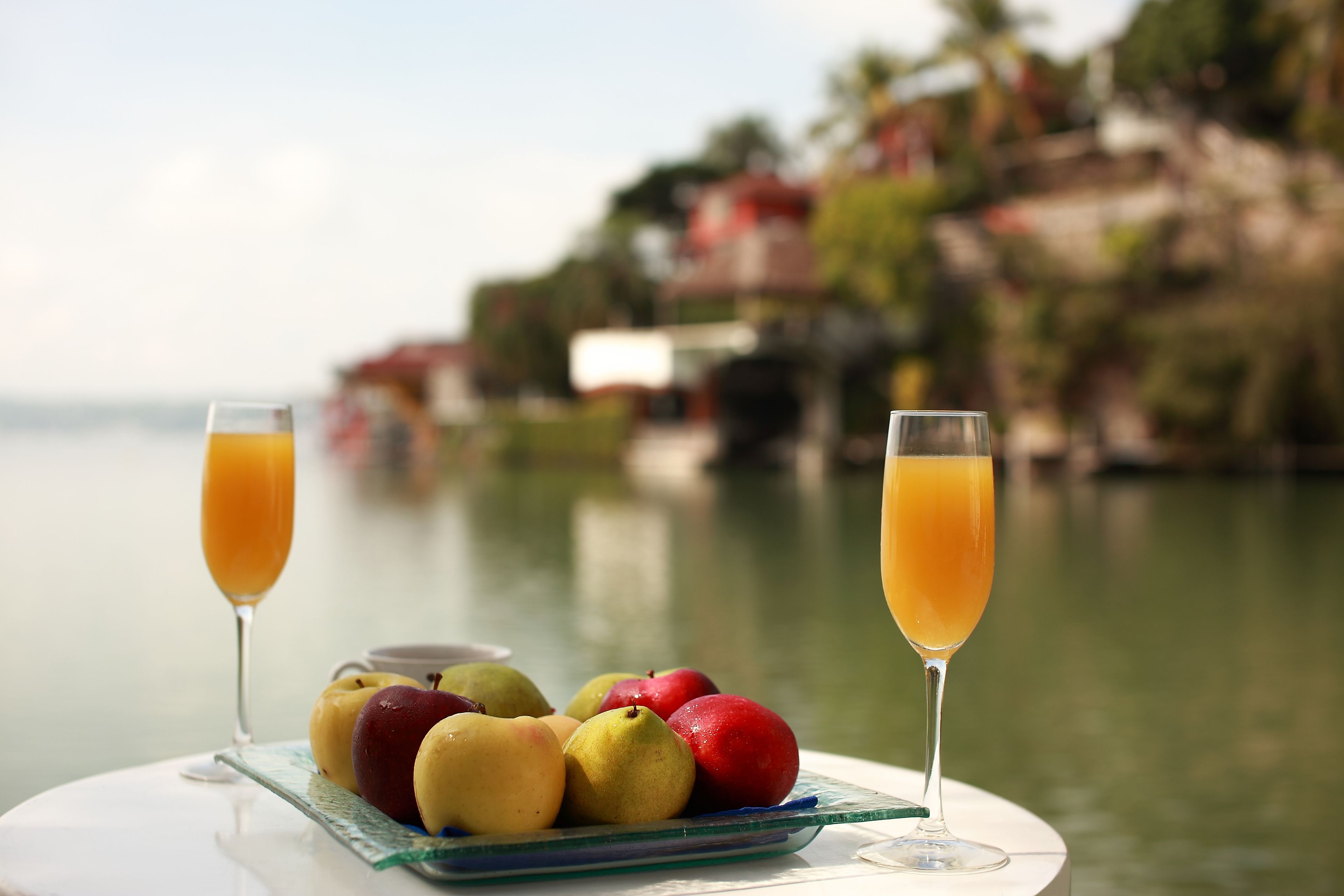 A table with a fruit platter and two glasses of orange juice, set against a scenic waterfront view.