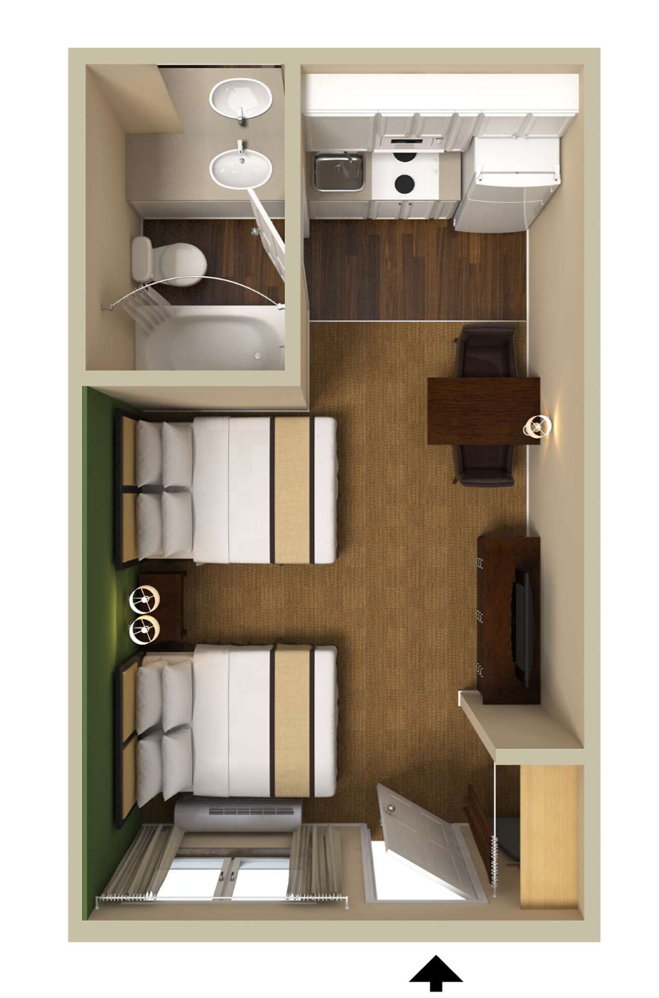 A hotel room layout with a bed, two bedside tables, a desk, a chair, a TV, and a window.