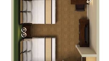 A hotel room layout with a bed, two bedside tables, a desk, a chair, a TV, and a window.