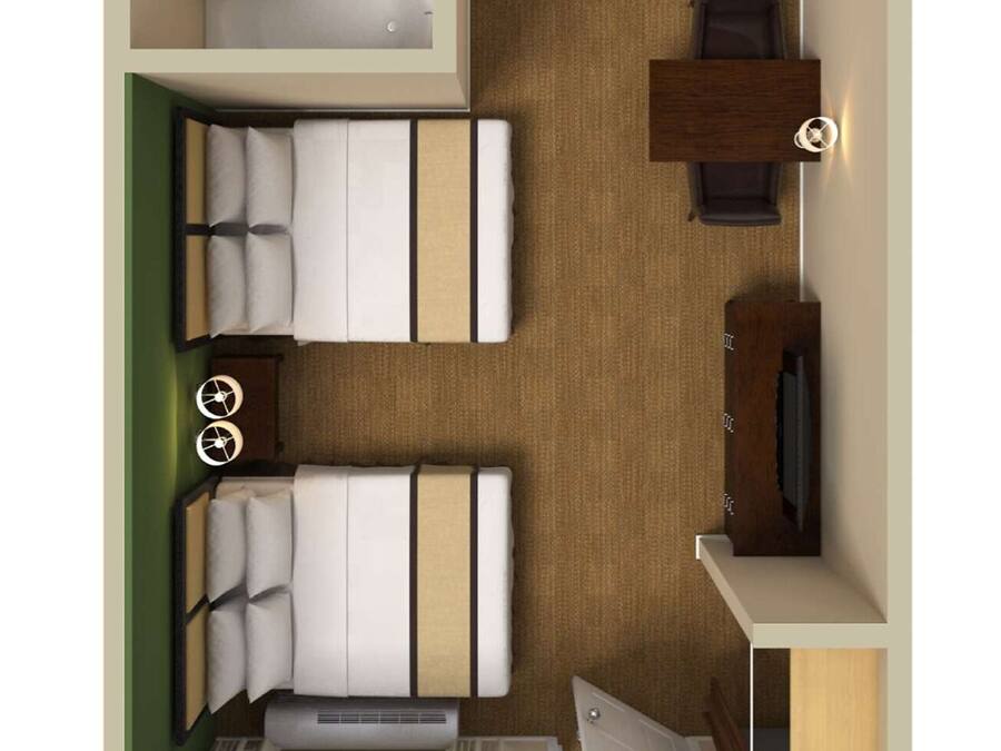 A hotel room layout with a bed, two bedside tables, a desk, a chair, a TV, and a window.