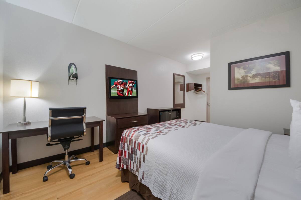 Une chambre d’hôtel avec un lit, un bureau, une chaise, une télévision et un tableau au mur.