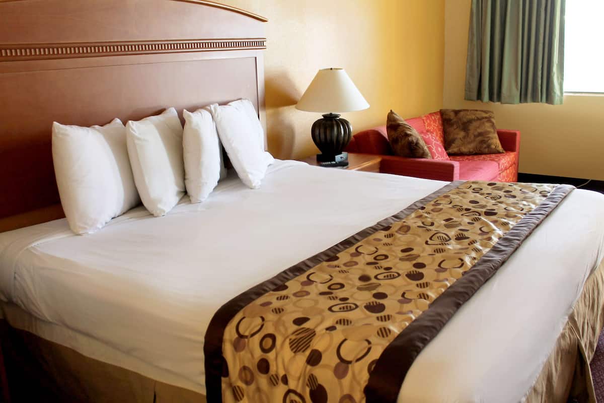 Une chambre d’hôtel avec un grand lit, une lampe de chevet, un fauteuil rouge et une fenêtre avec des rideaux.