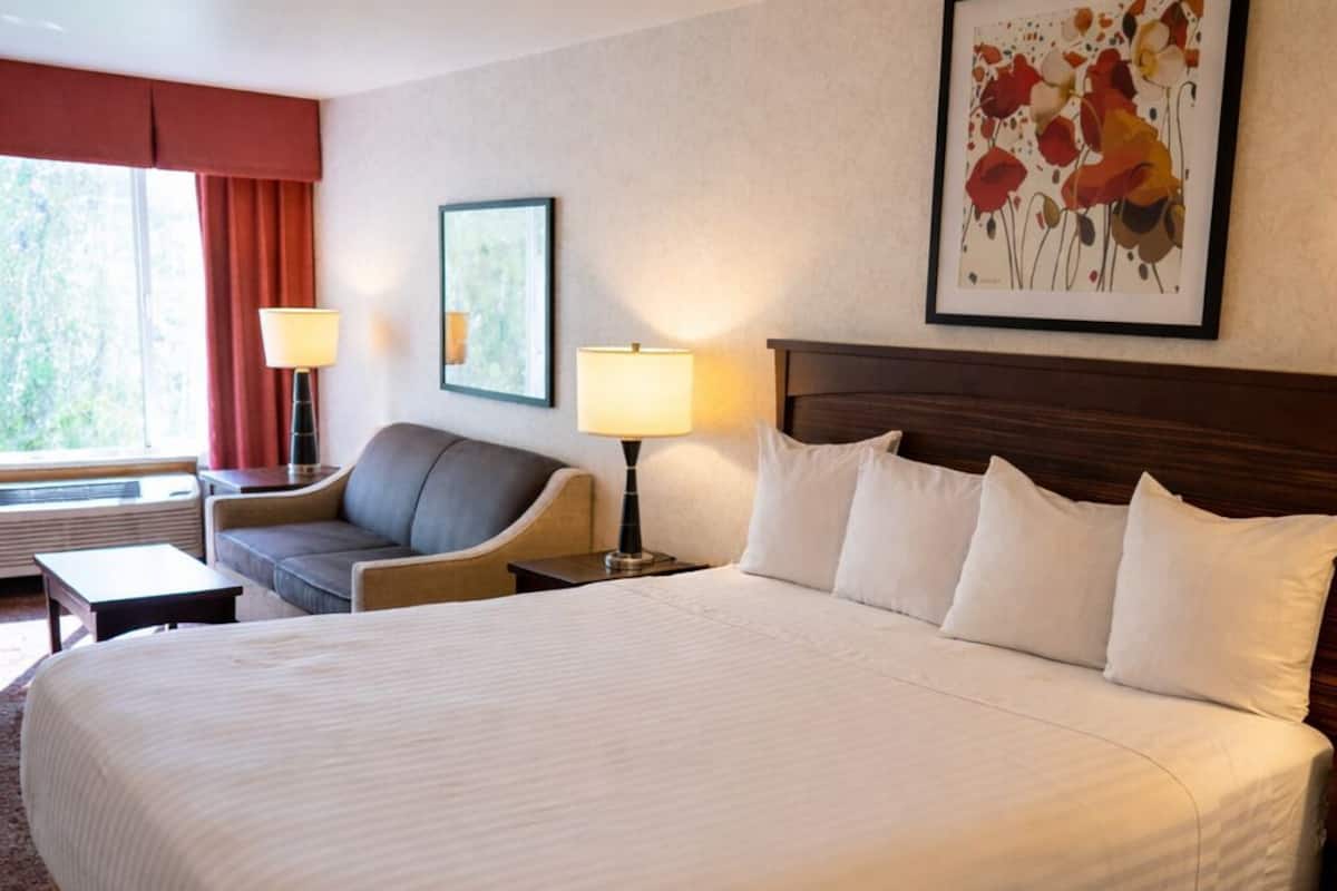 A hotel room with a large bed, two bedside tables with lamps, a chair, and a window with curtains.