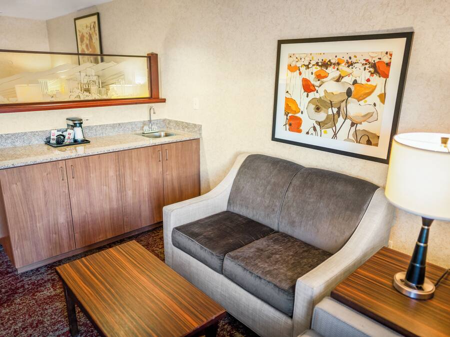 Quarto de hotel com cozinha compacta, sofá cinza, mesa de centro de madeira e uma obra de arte floral emoldurada na parede.