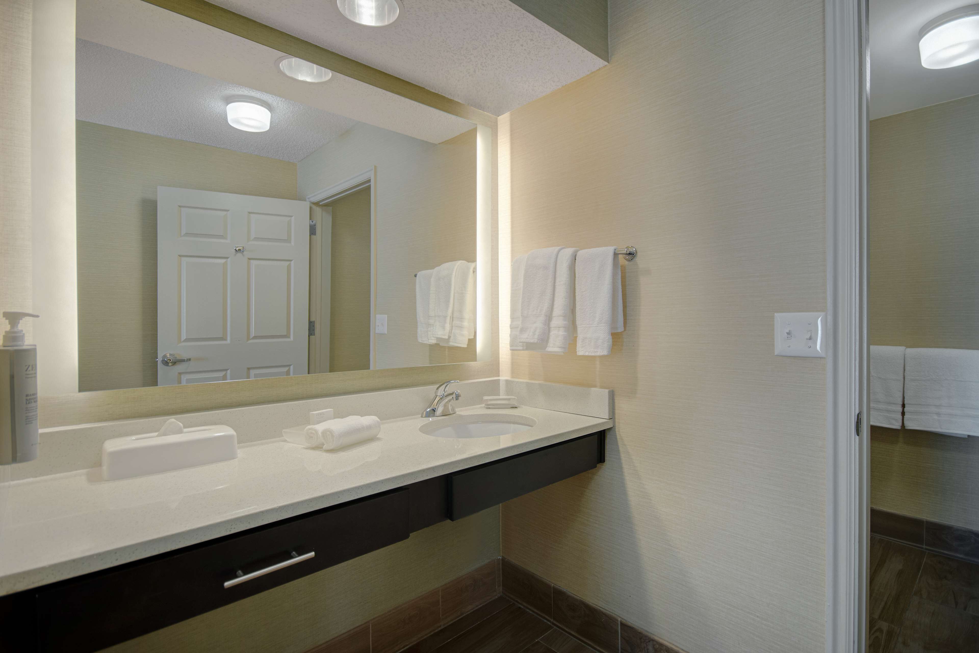 suite, 1 king bed, accessible (roll-in shower) | bathroom | combined shower/bathtub, free toiletries, hair dryer, towels