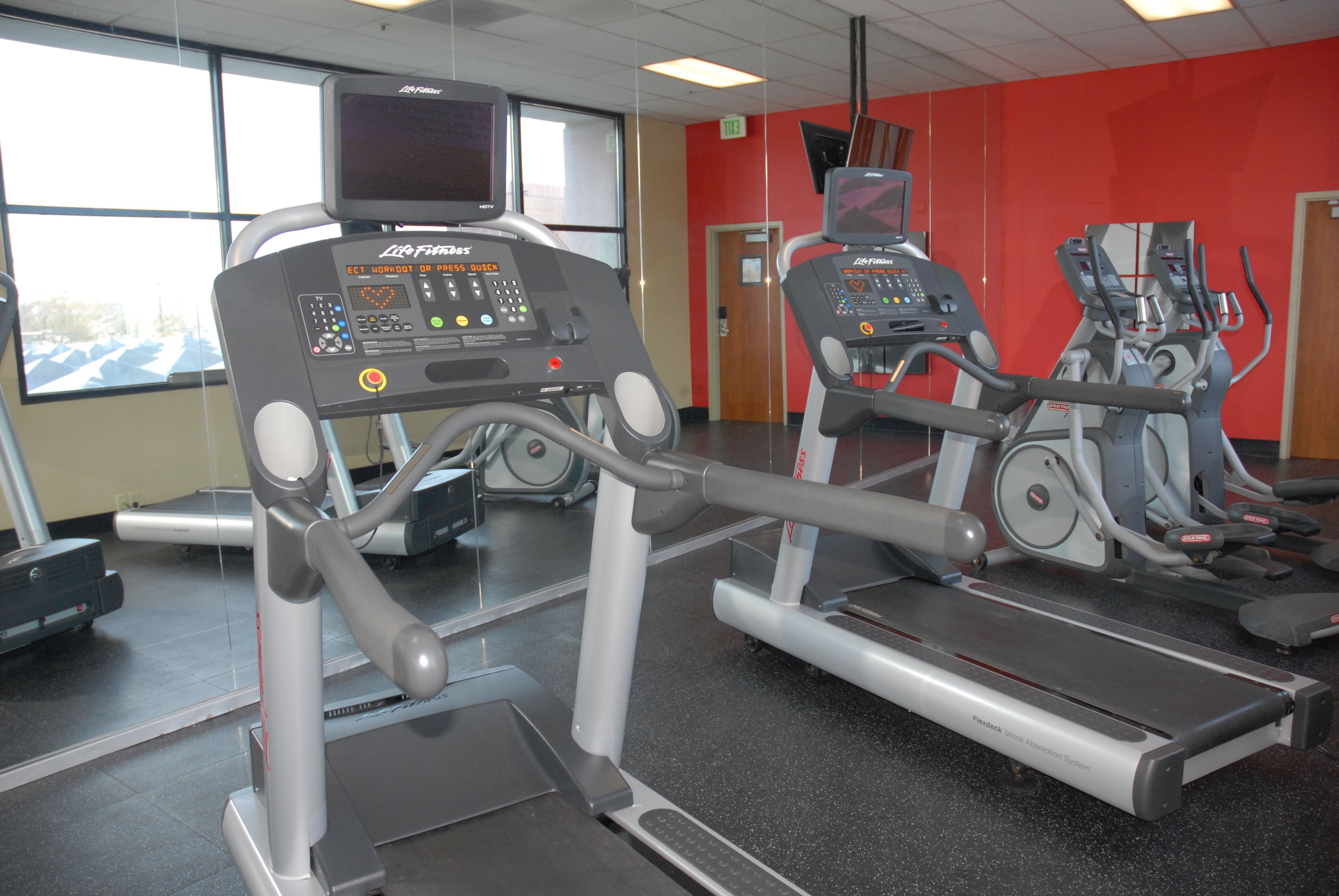 Une salle de sport équipée de tapis de course et d’appareils elliptiques, dotée de grandes fenêtres et d’un mur rouge.