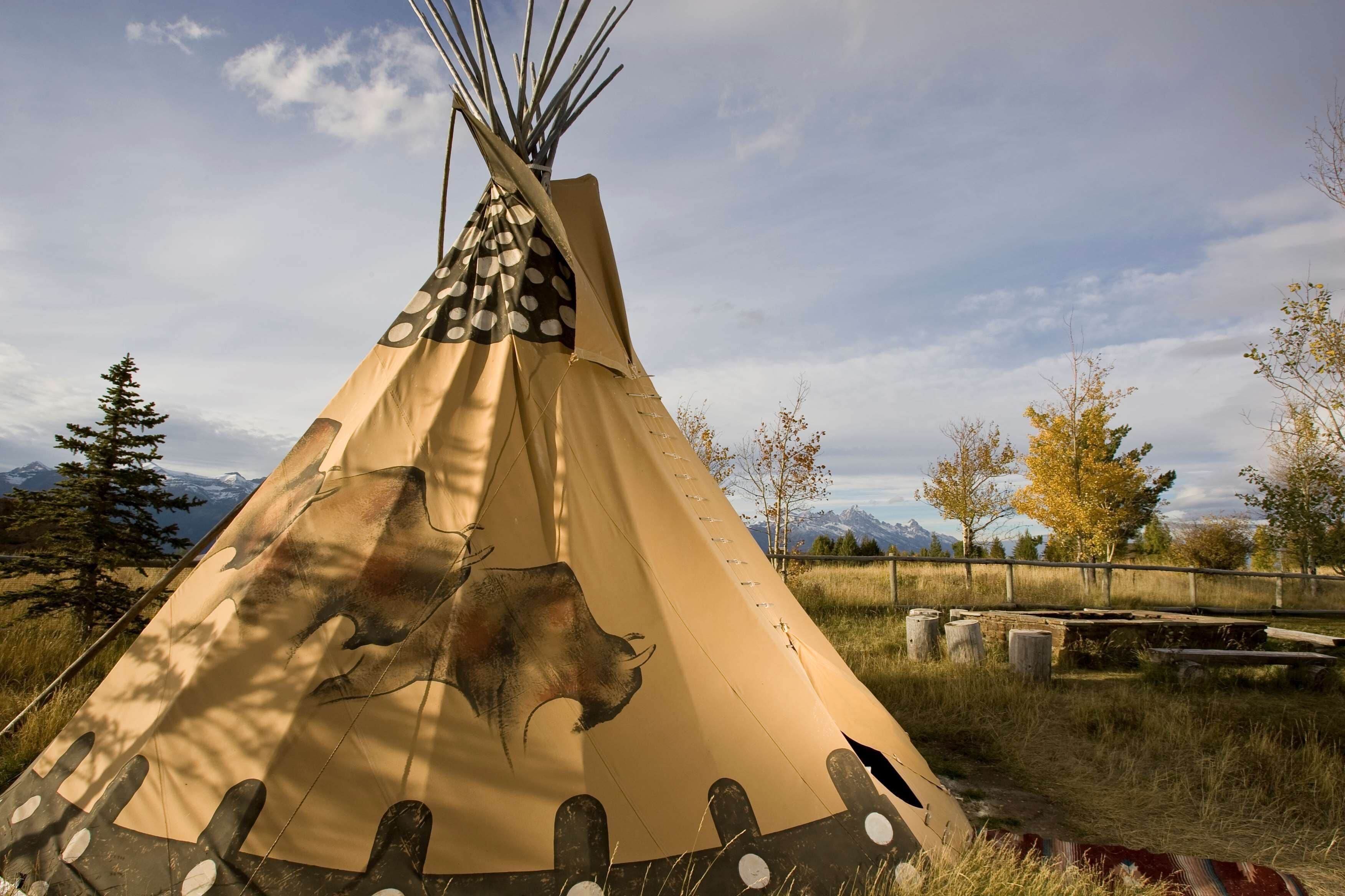 Ein Tipi mit Büffelmotiv, umgeben von Bäumen und Bergen.