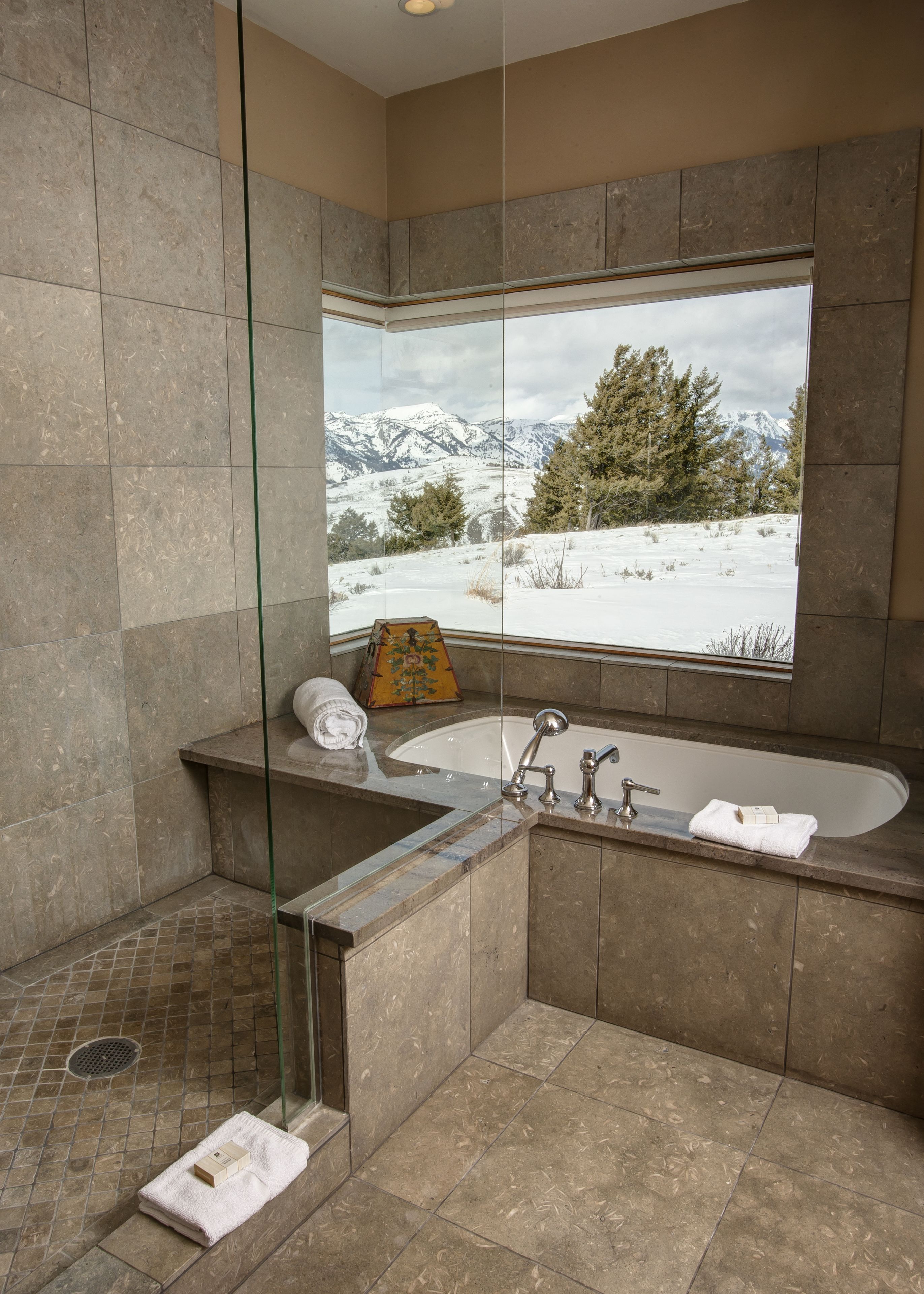 Une salle de bain moderne avec une grande baignoire, une douche en verre et une vue sur des montagnes enneigées.
