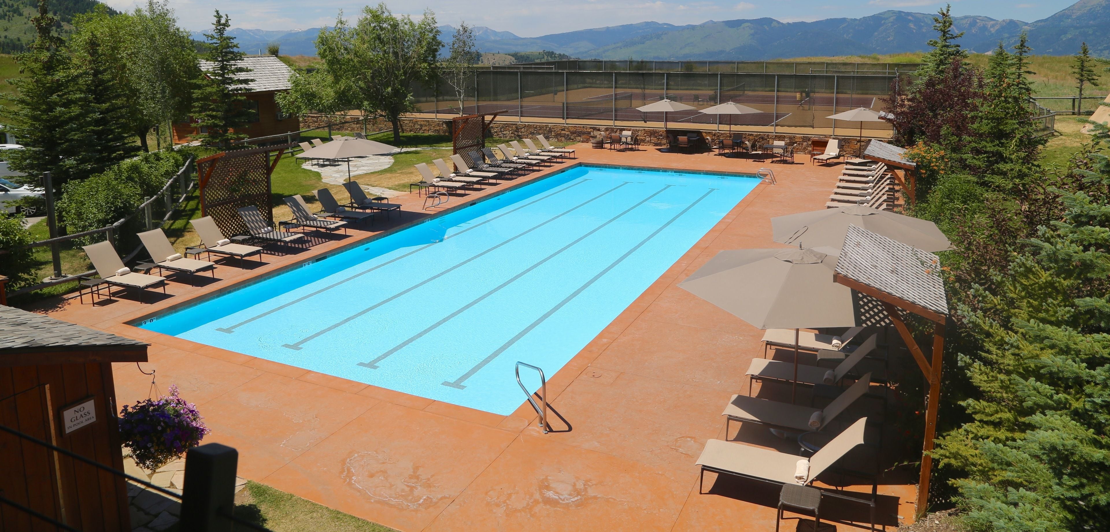 A swimming pool with lounge chairs and umbrellas, surrounded by trees and mountains in the background.