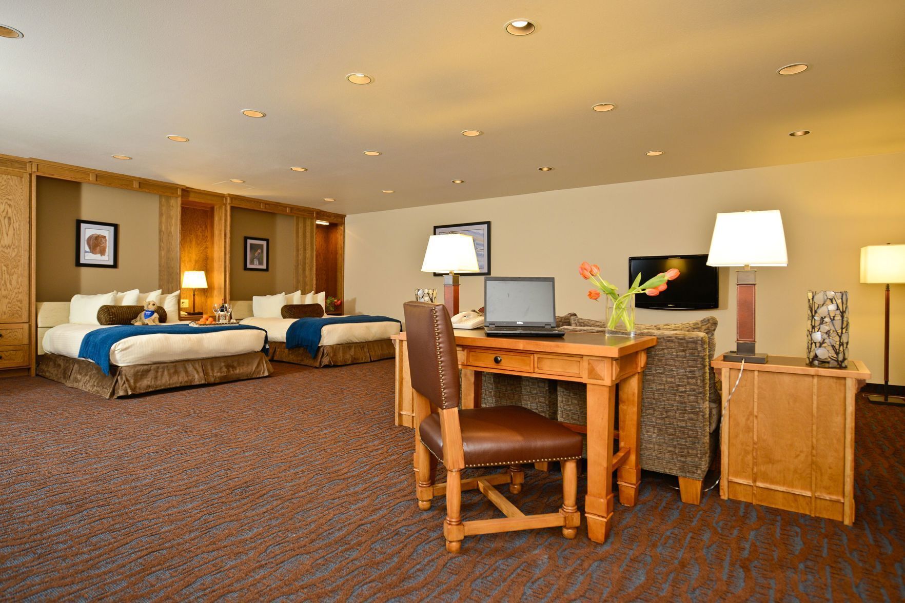 Premium bedding, pillowtop beds, desk, laptop workspace