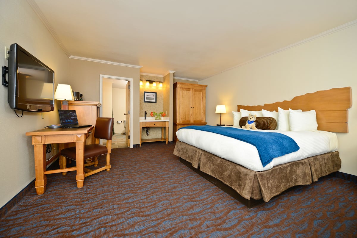 A hotel room with a bed, desk, chair, television, and a bathroom visible through an open door.