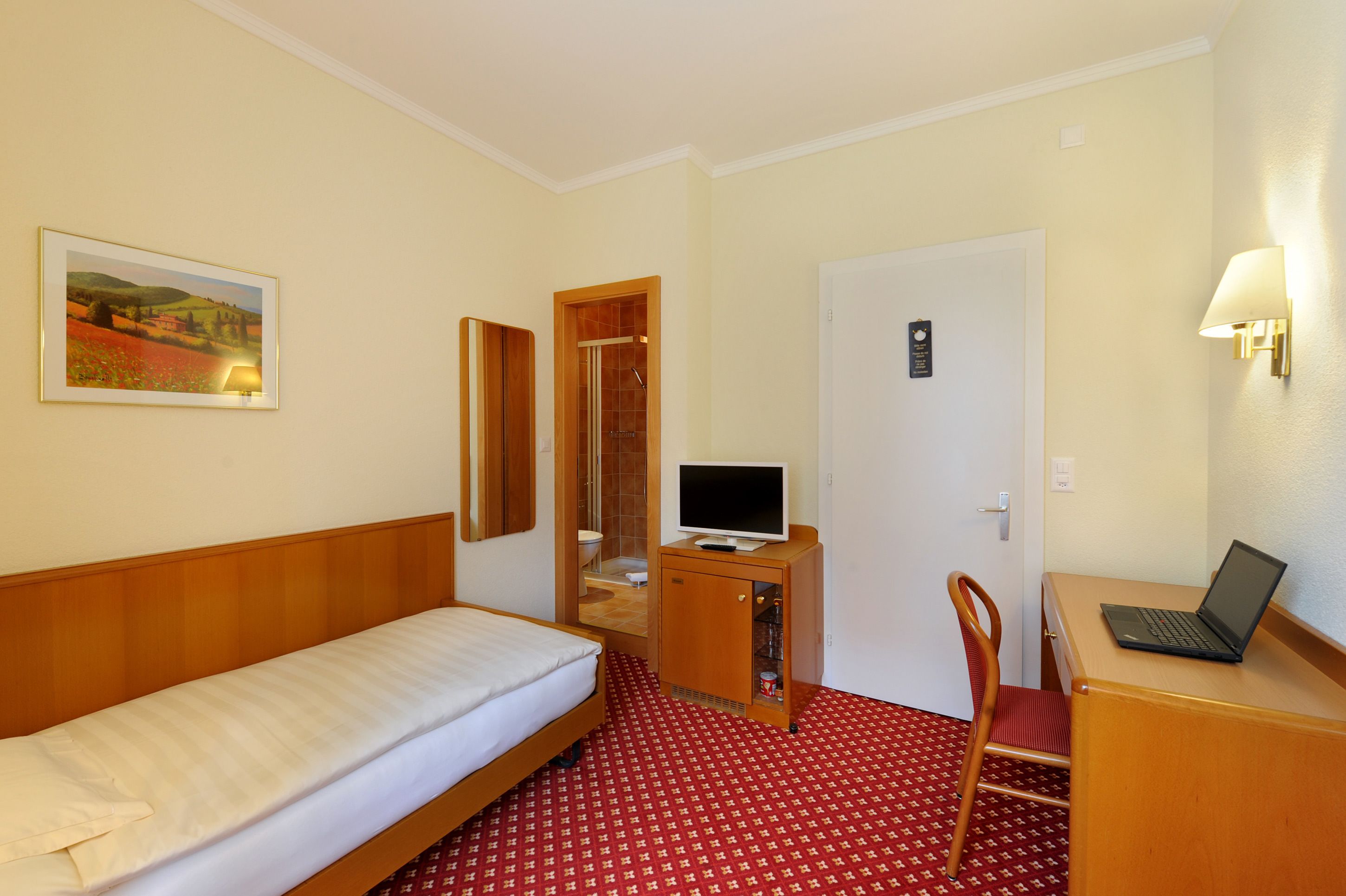 Habitación de hotel con una cama individual, un escritorio con una computadora portátil, un televisor, un pequeño armario y una silla.