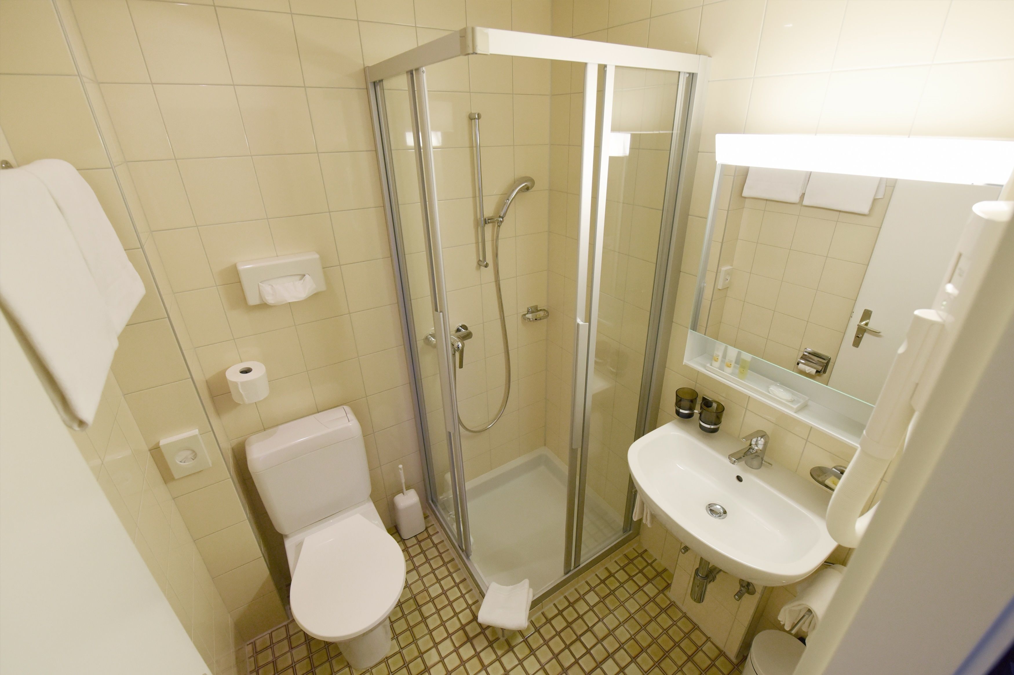A bathroom with a toilet, a glass-enclosed shower, and a sink.