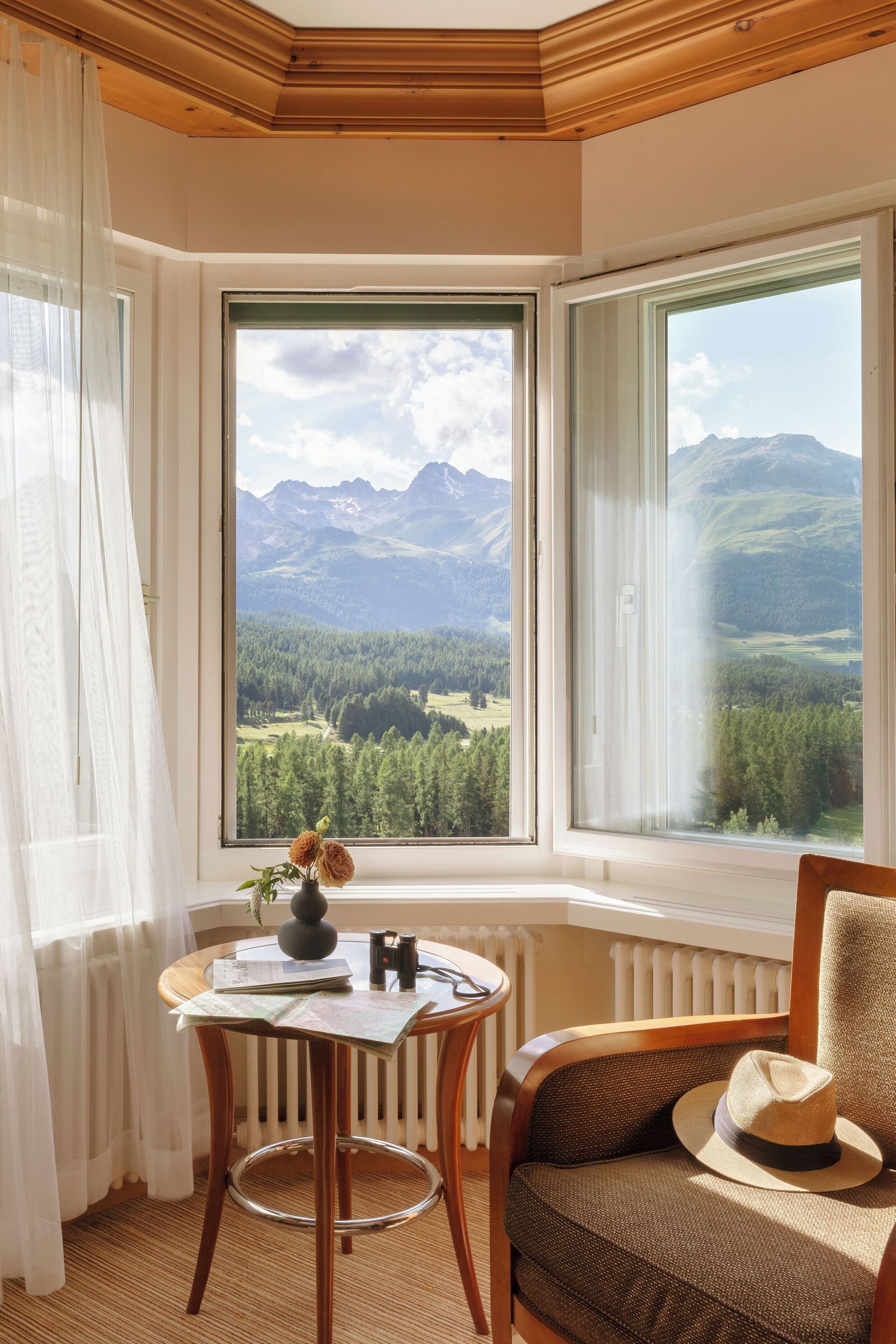 Una habitación con vistas a montañas, una mesa con un jarrón de flores, una silla con un sombrero y un radiador.