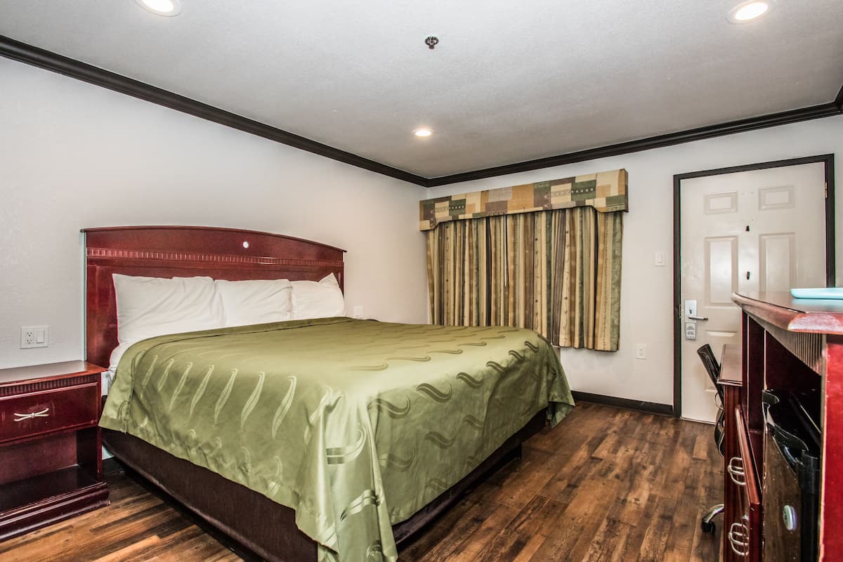 A hotel room with a wooden floor, a bed with a green bedspread, a wooden nightstand, a desk with a chair, and a door with a patterned curtain.