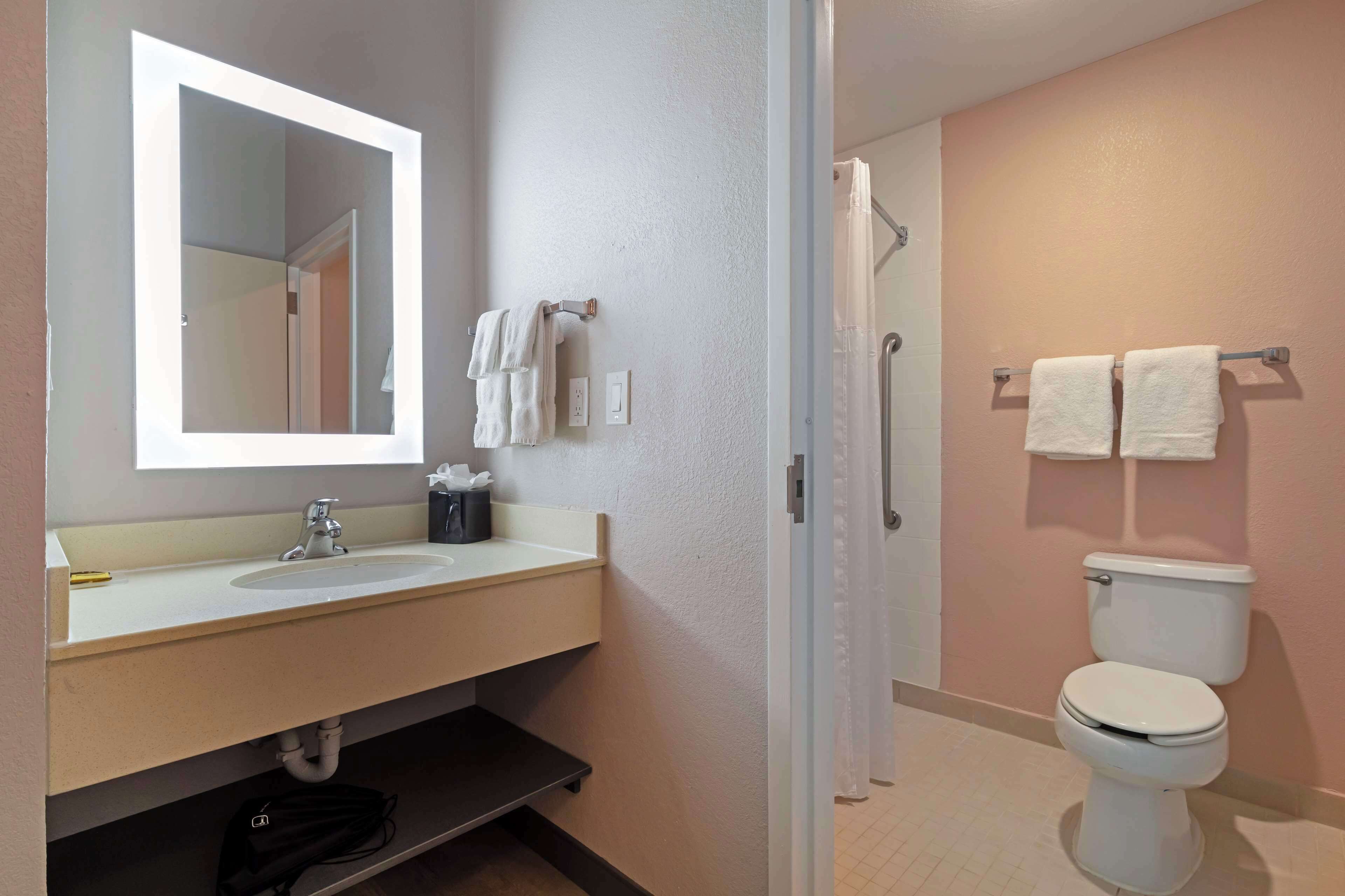 Une salle de bain équipée d’un lavabo, d’un miroir, d’un porte-serviettes, de toilettes et d’un rideau de douche.