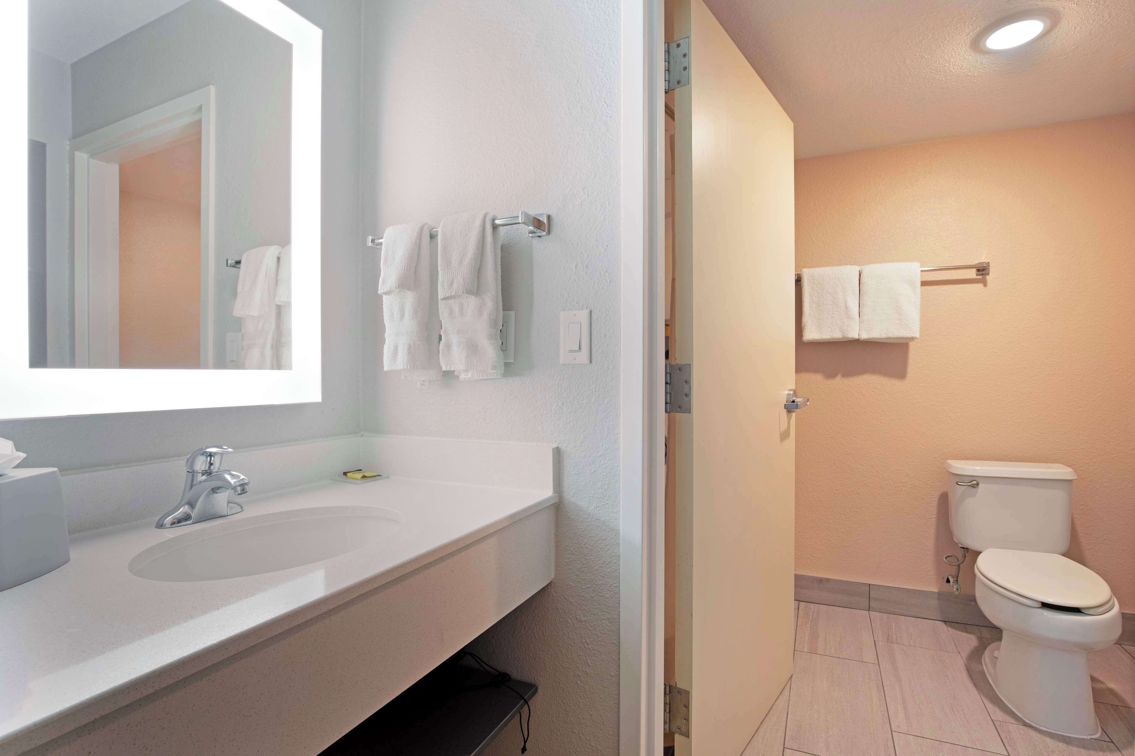 A bathroom with a white sink, mirror, and two towel racks.
