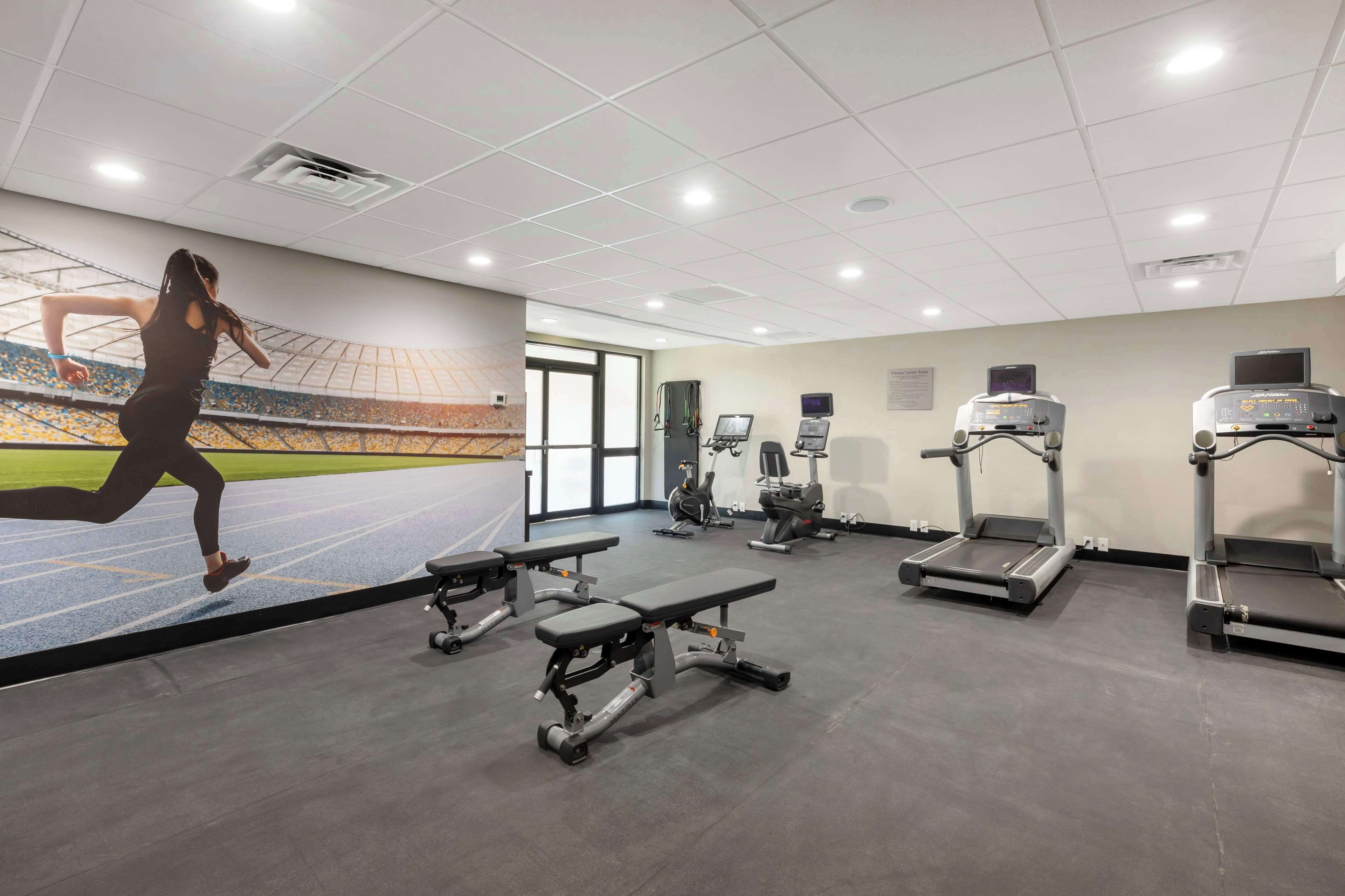Un gimnasio con cintas de correr, bancos y equipo de ejercicio.