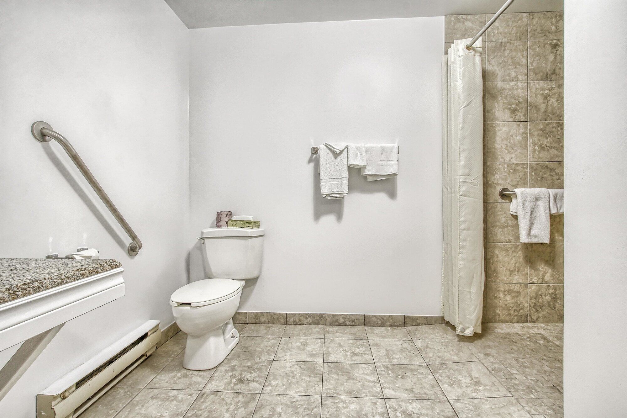 Casa de banho com sanita, barra de apoio, cortina de chuveiro e toalhas num porta-toalhas.
