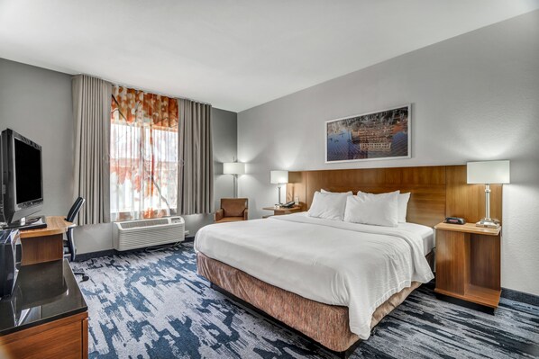 Hypo-allergenic bedding, desk, laptop workspace, iron/ironing board