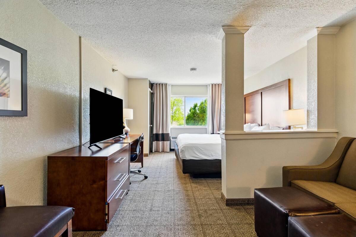 Habitación de hotel con cama, escritorio con televisor de pantalla plana, una silla, un sofá y una ventana con cortinas.