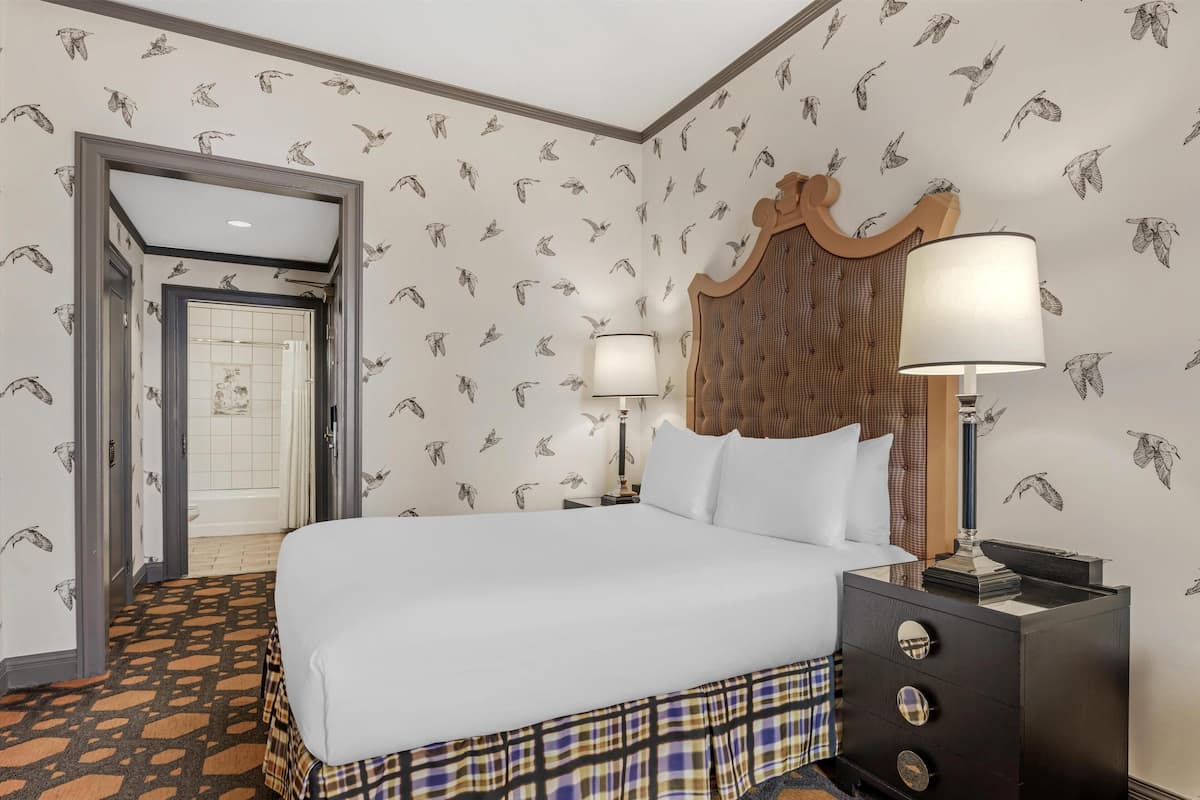A hotel room with a large bed, a nightstand with a lamp, and a patterned wallpaper.