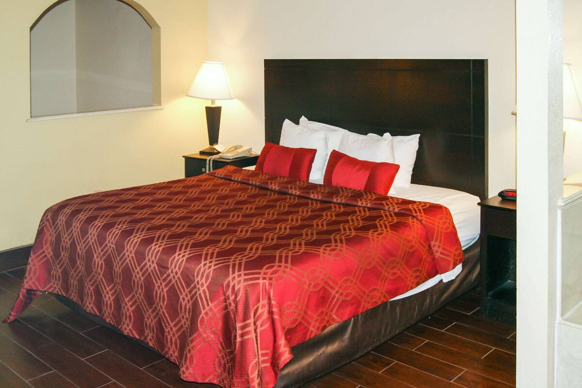 Une chambre d’hôtel avec un grand lit, une table de chevet avec une lampe et un miroir au mur.