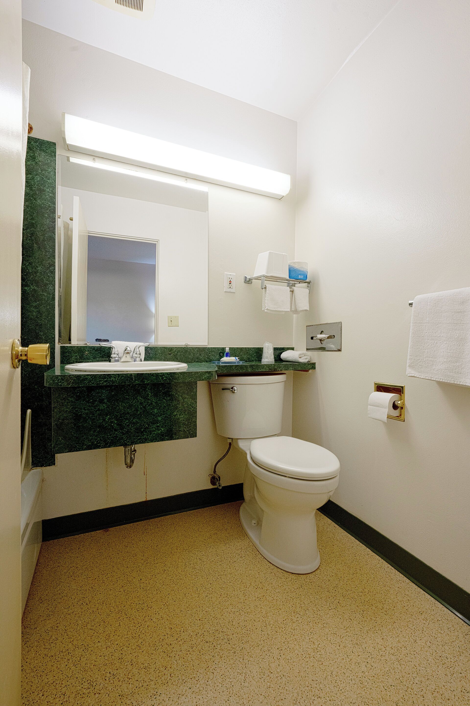 A standard hotel bathroom with a white toilet, a sink with a green countertop, a mirror, and a towel rack.