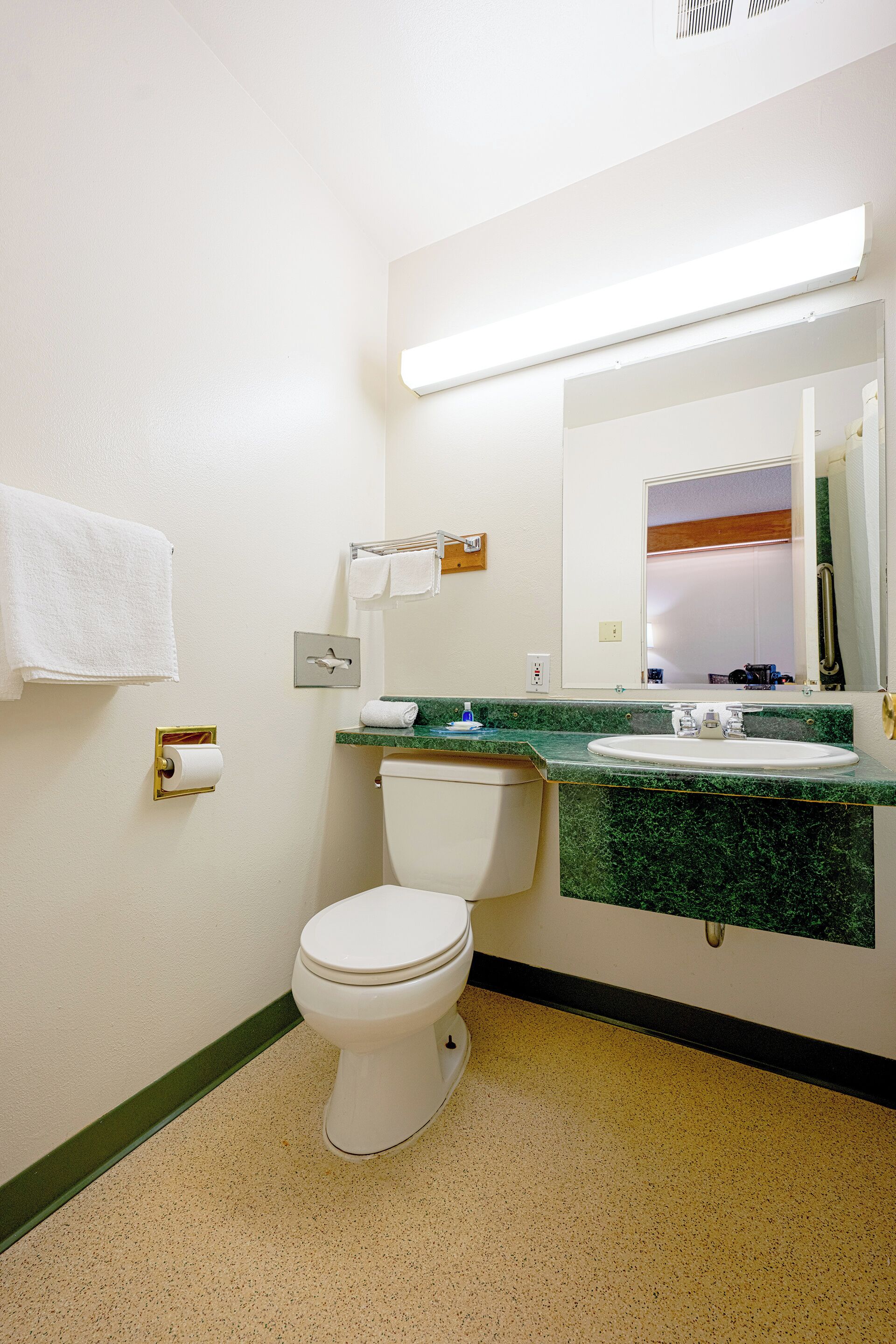 A bathroom with a toilet, sink, mirror, towel rack, and a green marble countertop.