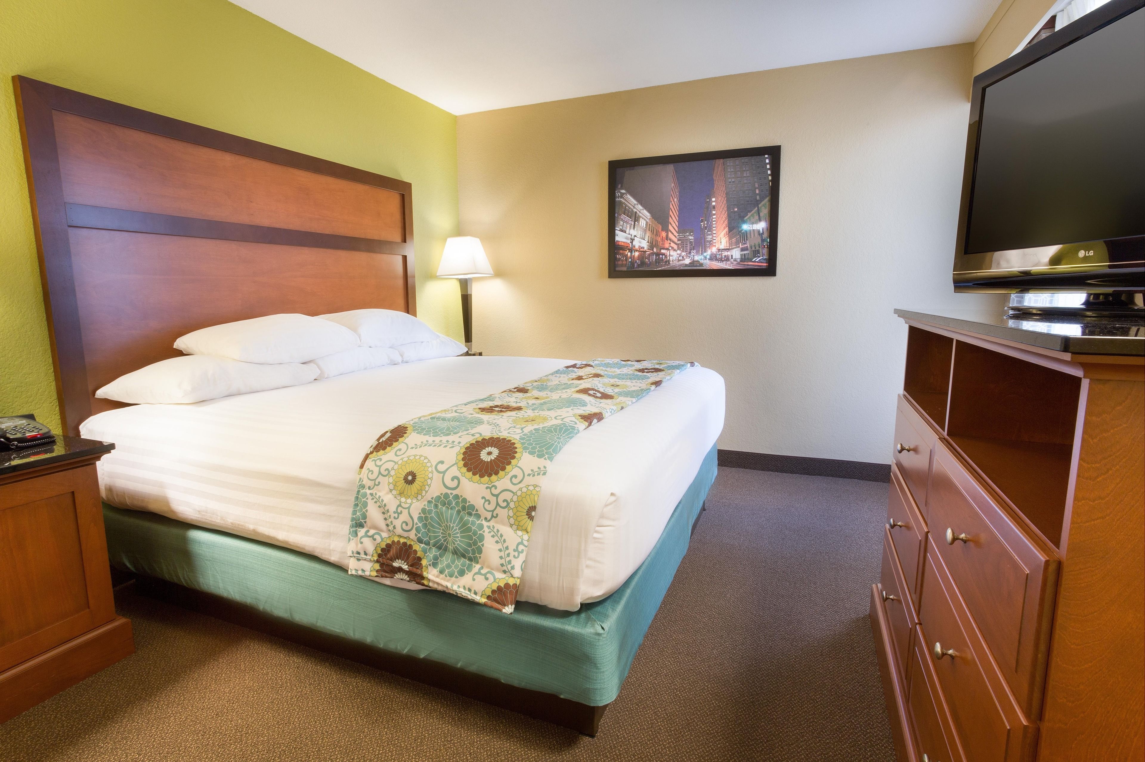 A hotel room with a bed, a television, a lamp, and a dresser.