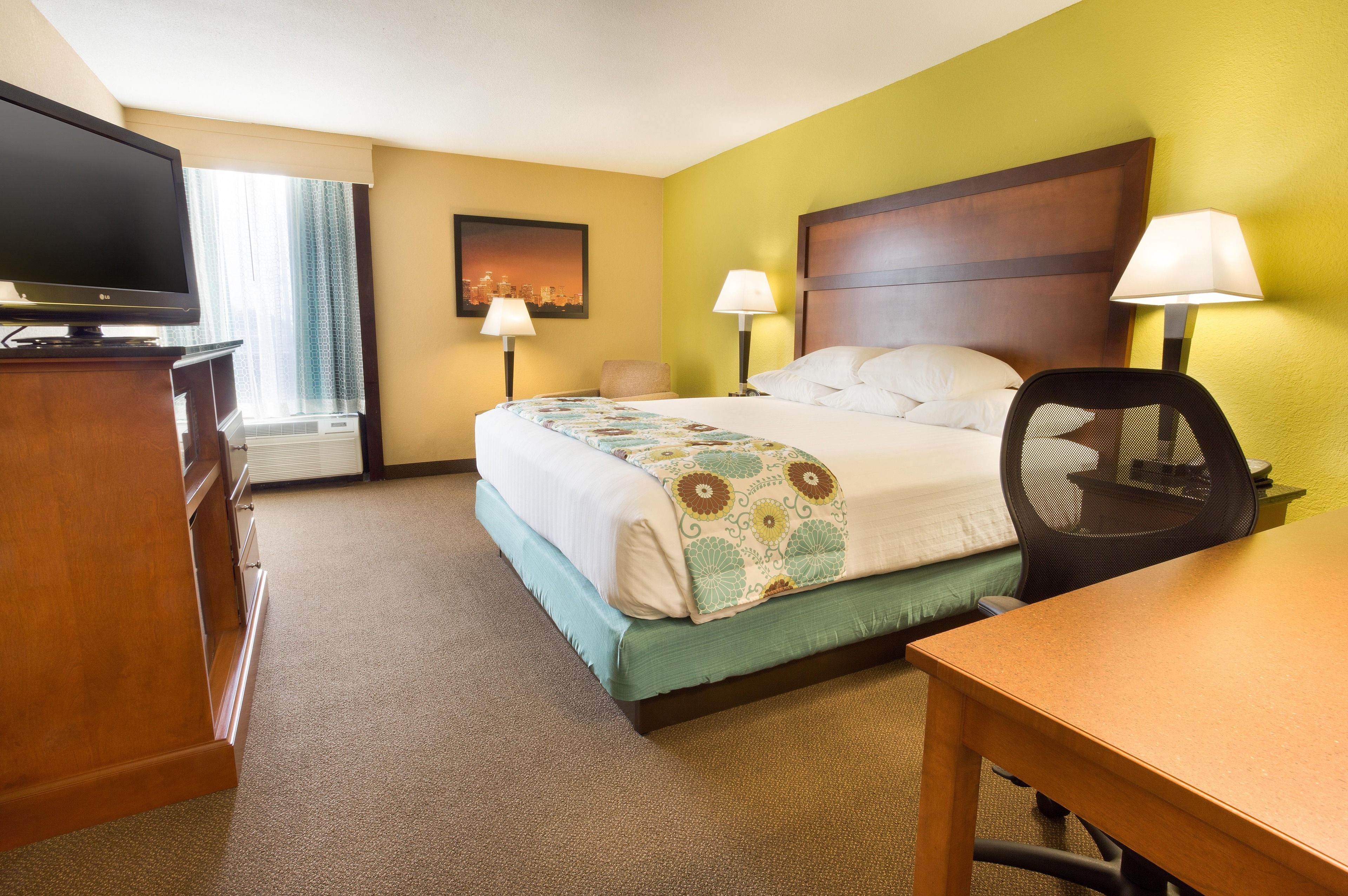 1 bedroom, desk, laptop workspace, blackout curtains