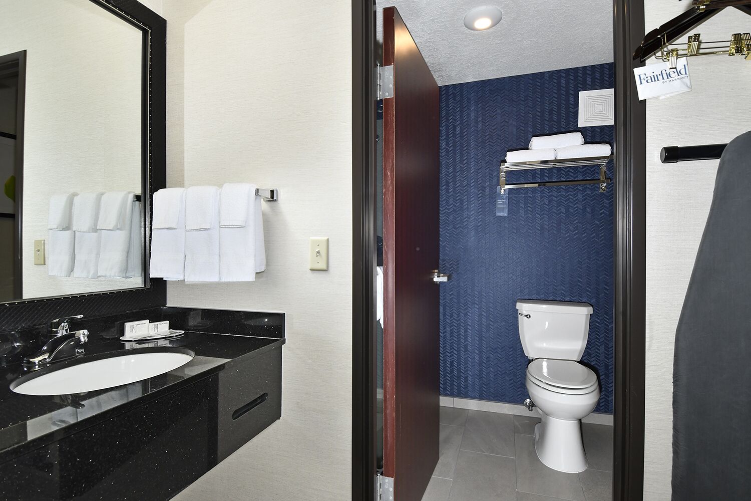 combined shower/bathtub, free toiletries, hair dryer, towels