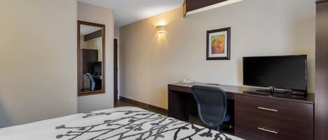 Habitación de hotel con cama, escritorio, silla, televisor y espejo.