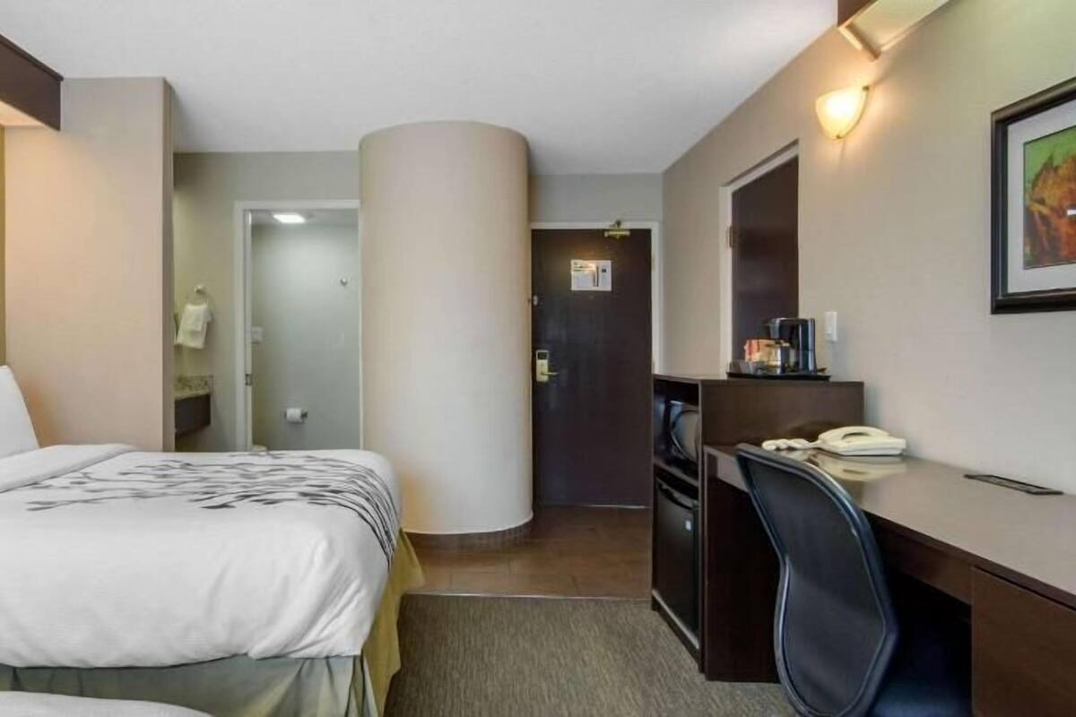 Une chambre d’hôtel avec un lit, un bureau, une chaise et une salle de bain visible à travers une porte ouverte.