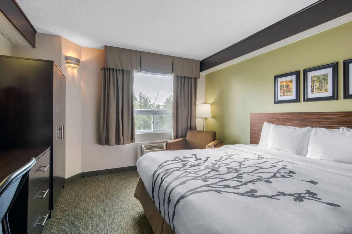 Une chambre d’hôtel avec un lit, un bureau, une chaise, une fenêtre avec des rideaux et des tableaux encadrés au mur.