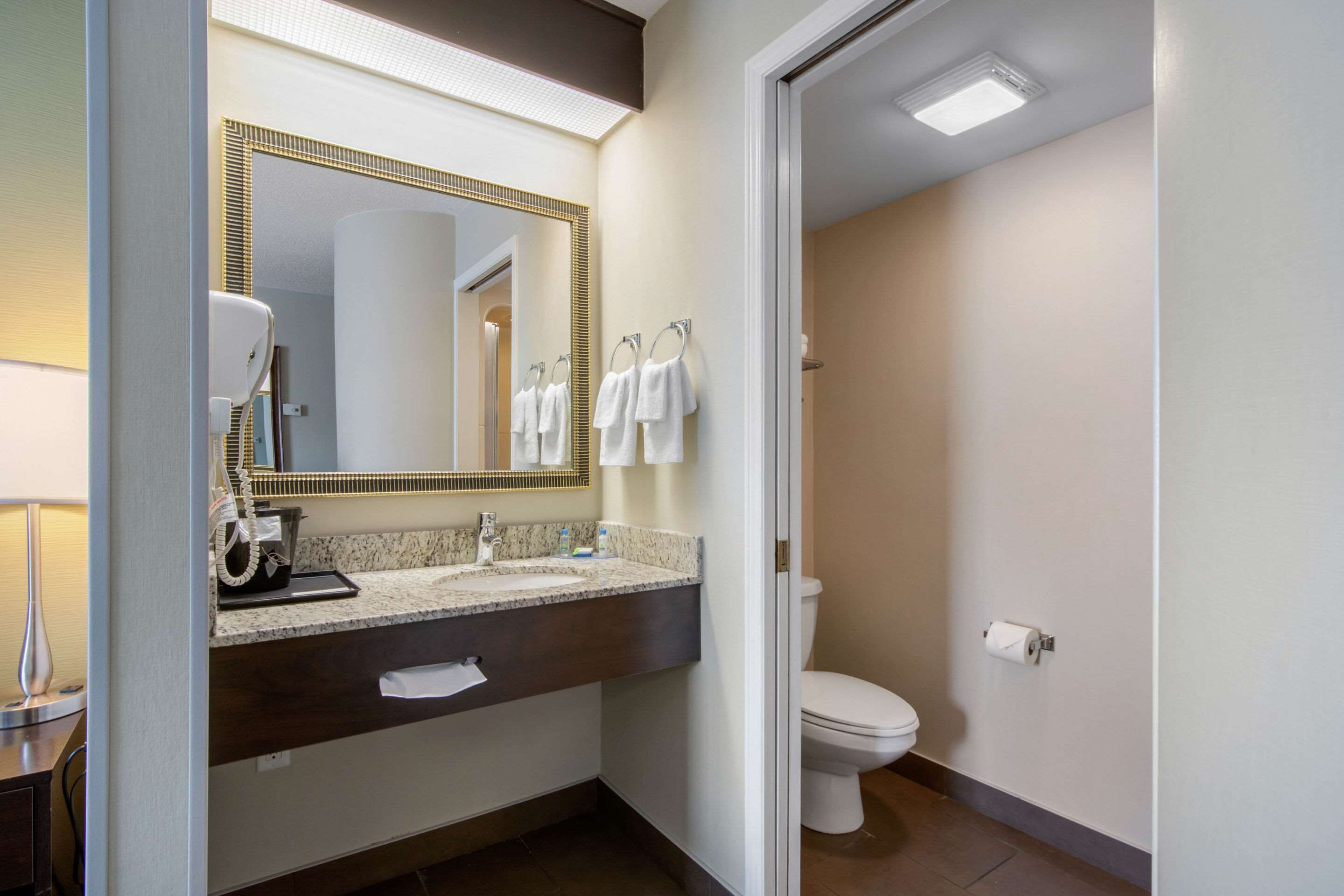 combined shower/bathtub, free toiletries, hair dryer, towels