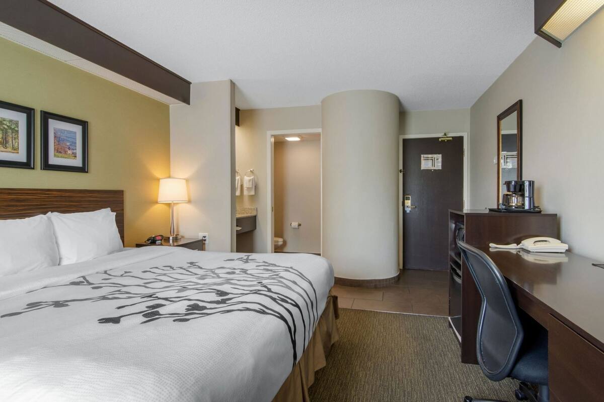 Une chambre d’hôtel avec un lit, un bureau, une chaise, une lampe, un miroir et une porte.