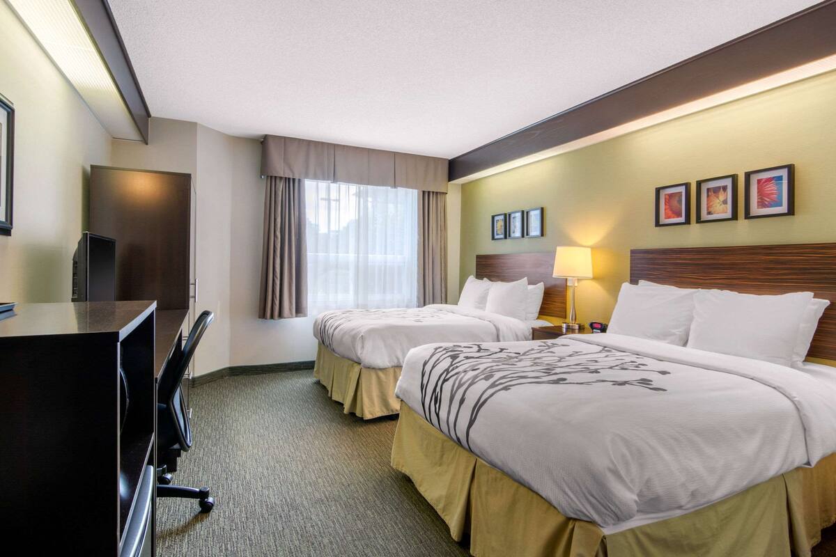 Une chambre d’hôtel avec deux lits, un bureau, une télévision et une fenêtre avec des rideaux.