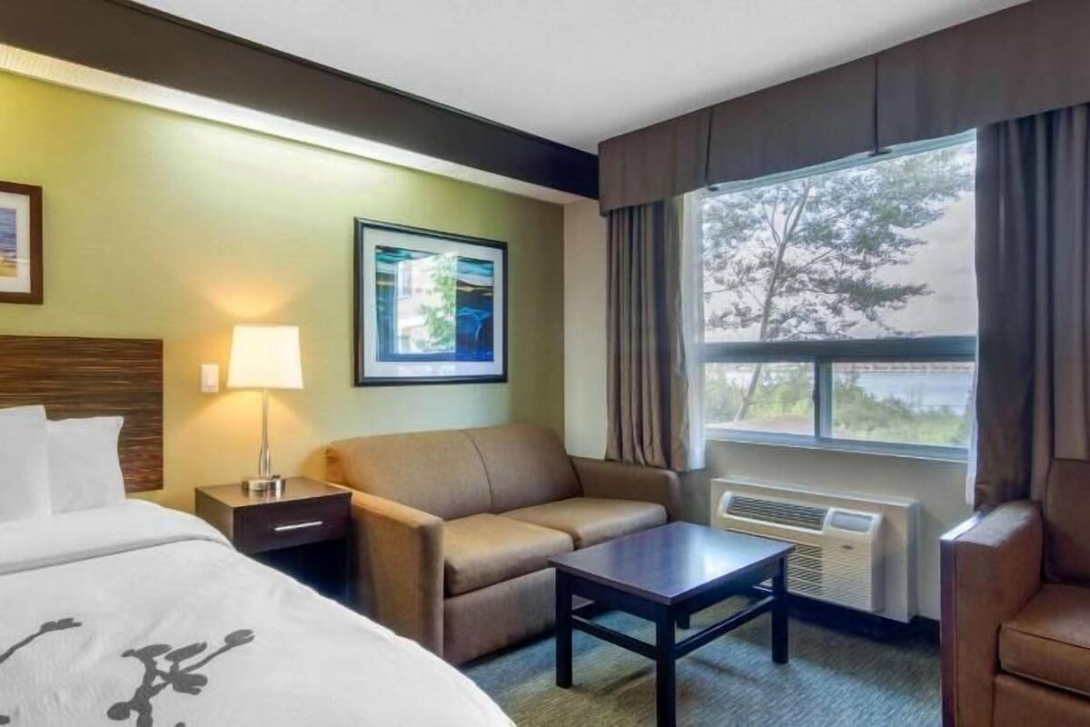 Une chambre d’hôtel avec un lit, un canapé, une petite table, une lampe, une fenêtre avec des rideaux et des tableaux encadrés au mur.