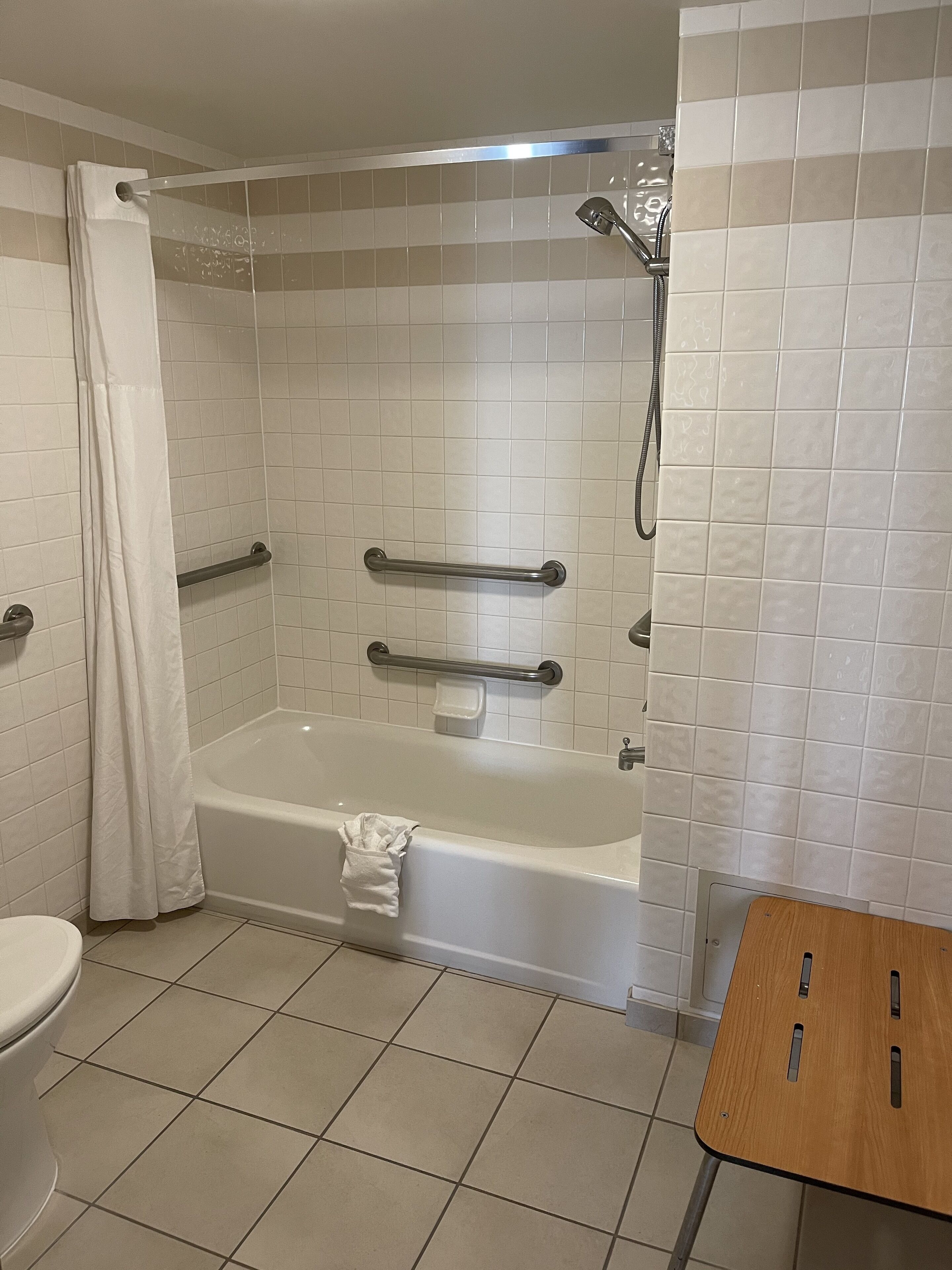 standard room, 2 queen beds, accessible, refrigerator & microwave | bathroom | combined shower/bathtub, free toiletries, hair dryer, towels