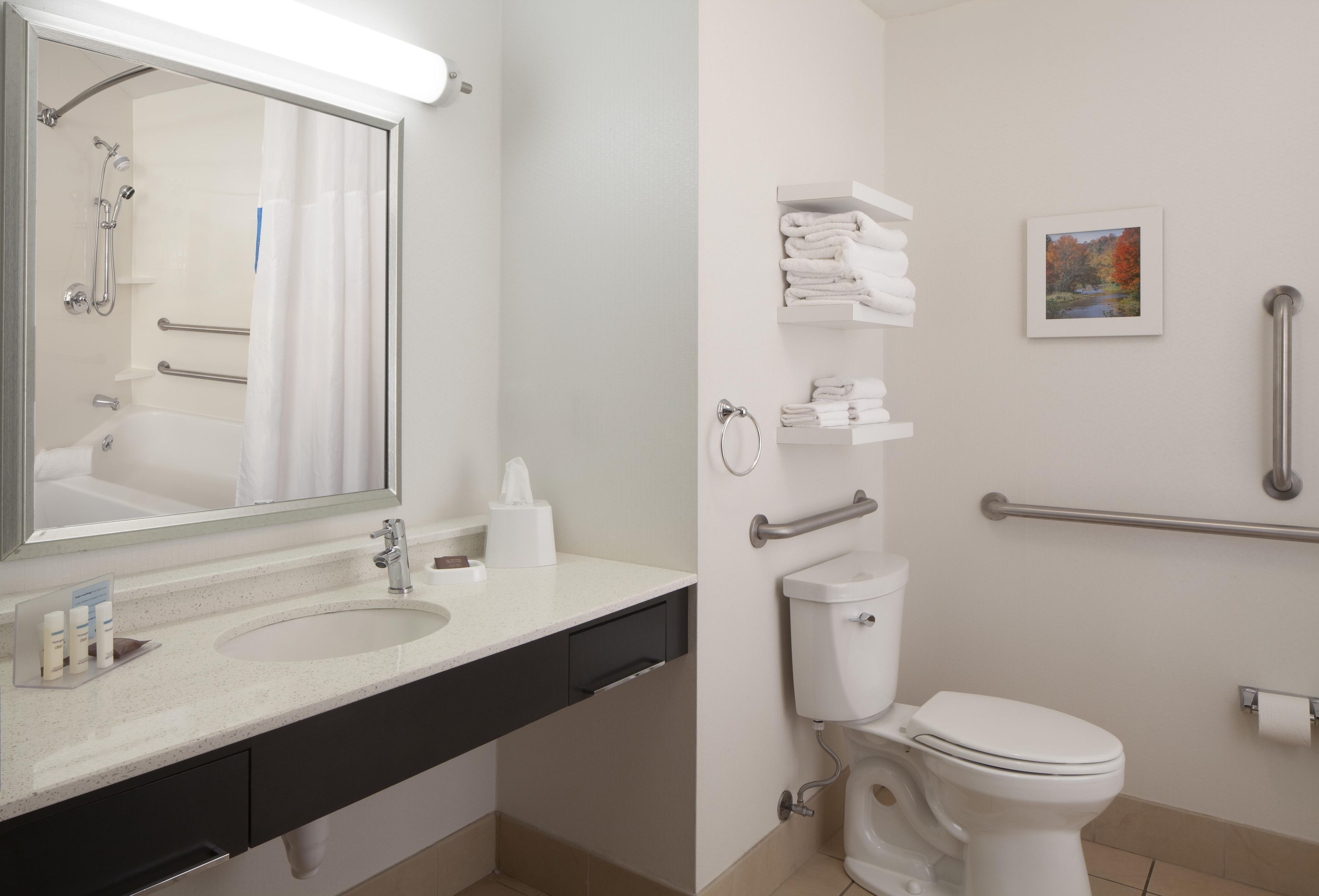 Een moderne badkamer met een wastafel, spiegel, toilet en handgrepen.