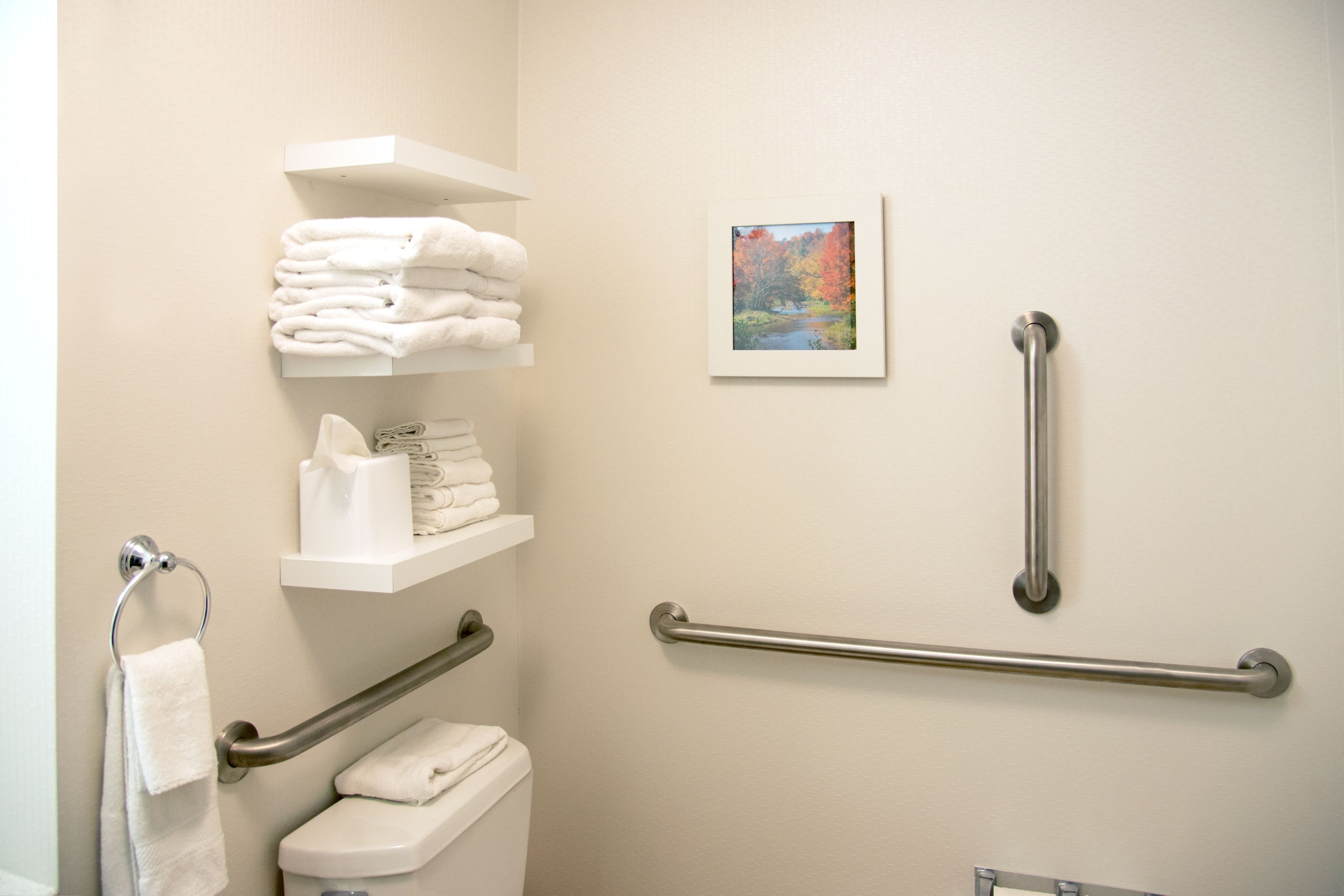 A bathroom with a toilet, a sink, a towel rack, and two grab bars.