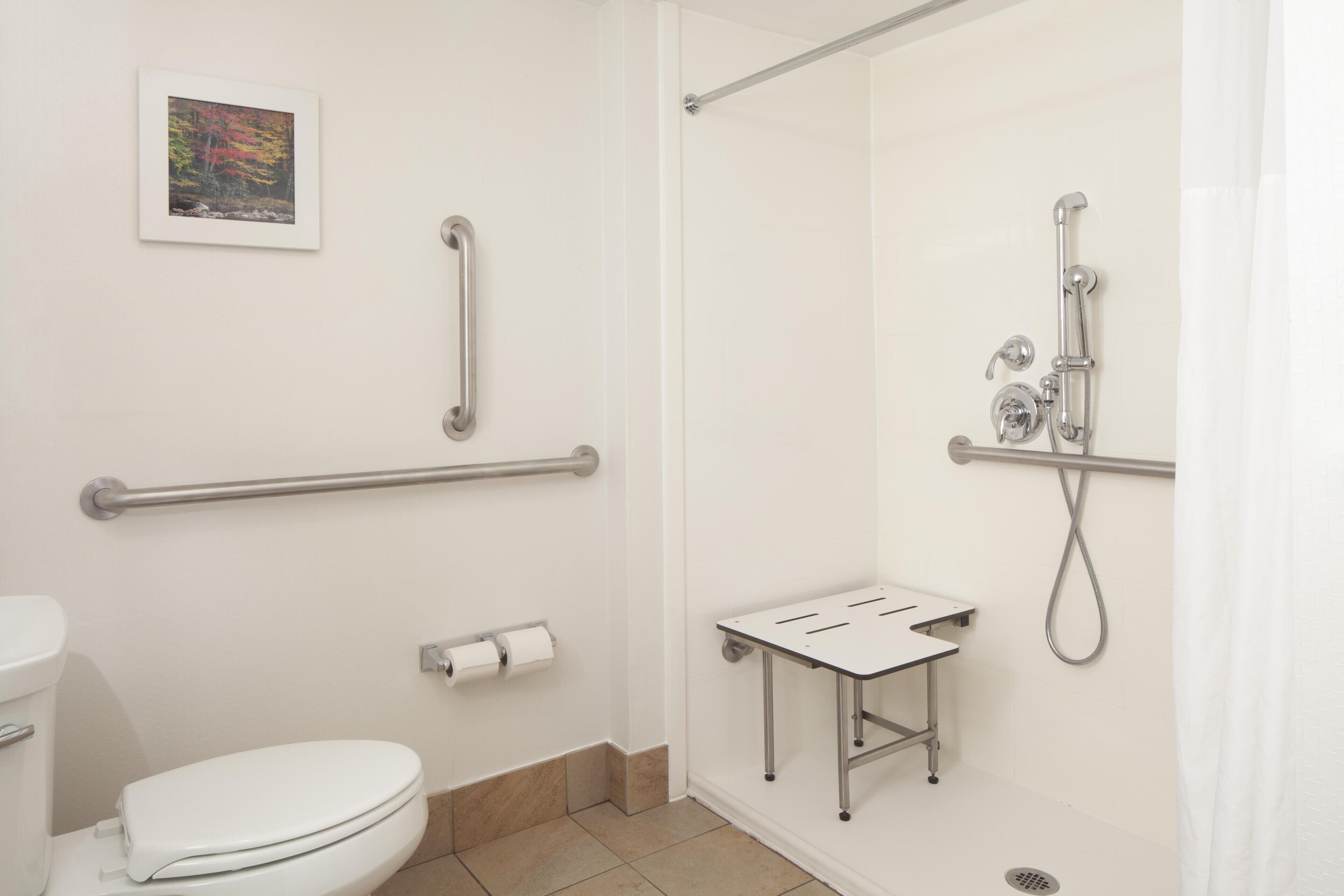 Ein Badezimmer mit Toilette, einer Dusche mit Haltegriff, einem kleinen Tisch und einem Bild an der Wand.