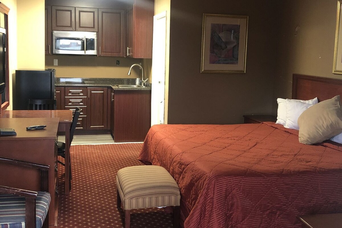 A hotel room with a bed, a desk, a chair, a microwave, and a sink.