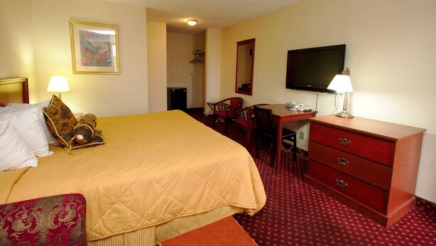 Una habitación de hotel con una cama grande, un escritorio, un televisor y un aparador.